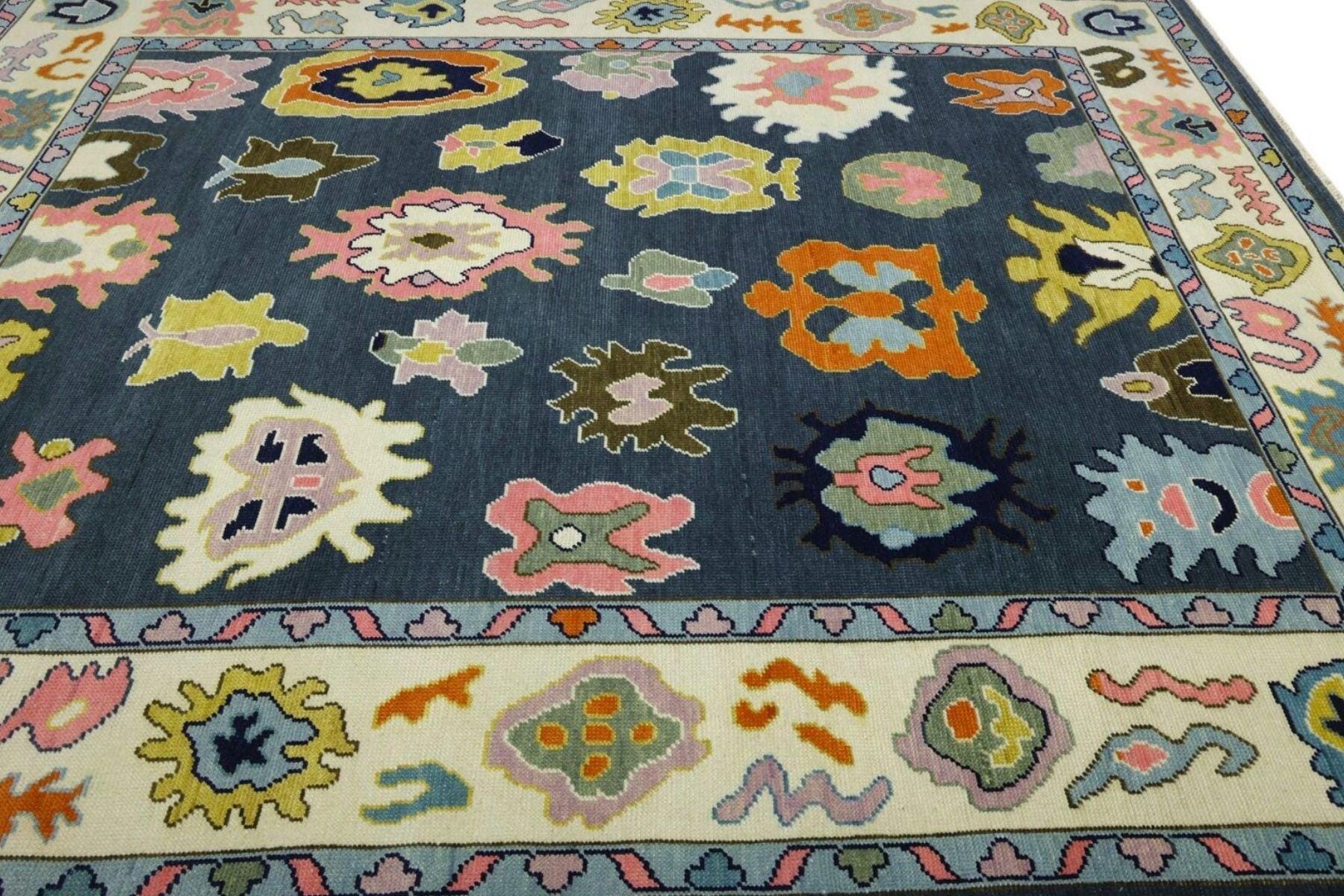 Bright Blue White Oushak Rug - Hand Knotted Wool, Antique Style Modern Abstract Handmade Area Rug in 8x10, 9x12 ft for Living Room & Bedroom