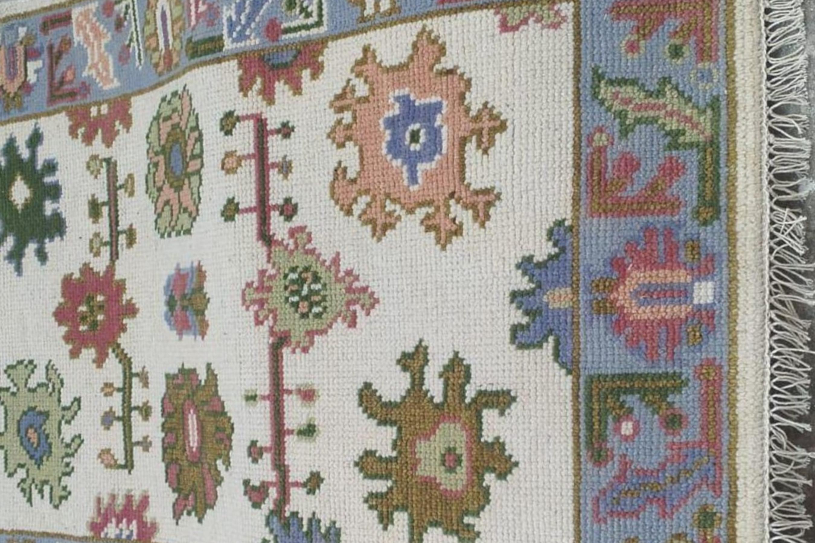 Handmade Oushak design Runner Rug - Cream - Blue color Contemporary Style Wool Runner Rug - Hallway Runner - Kitchen runner - Boho runner