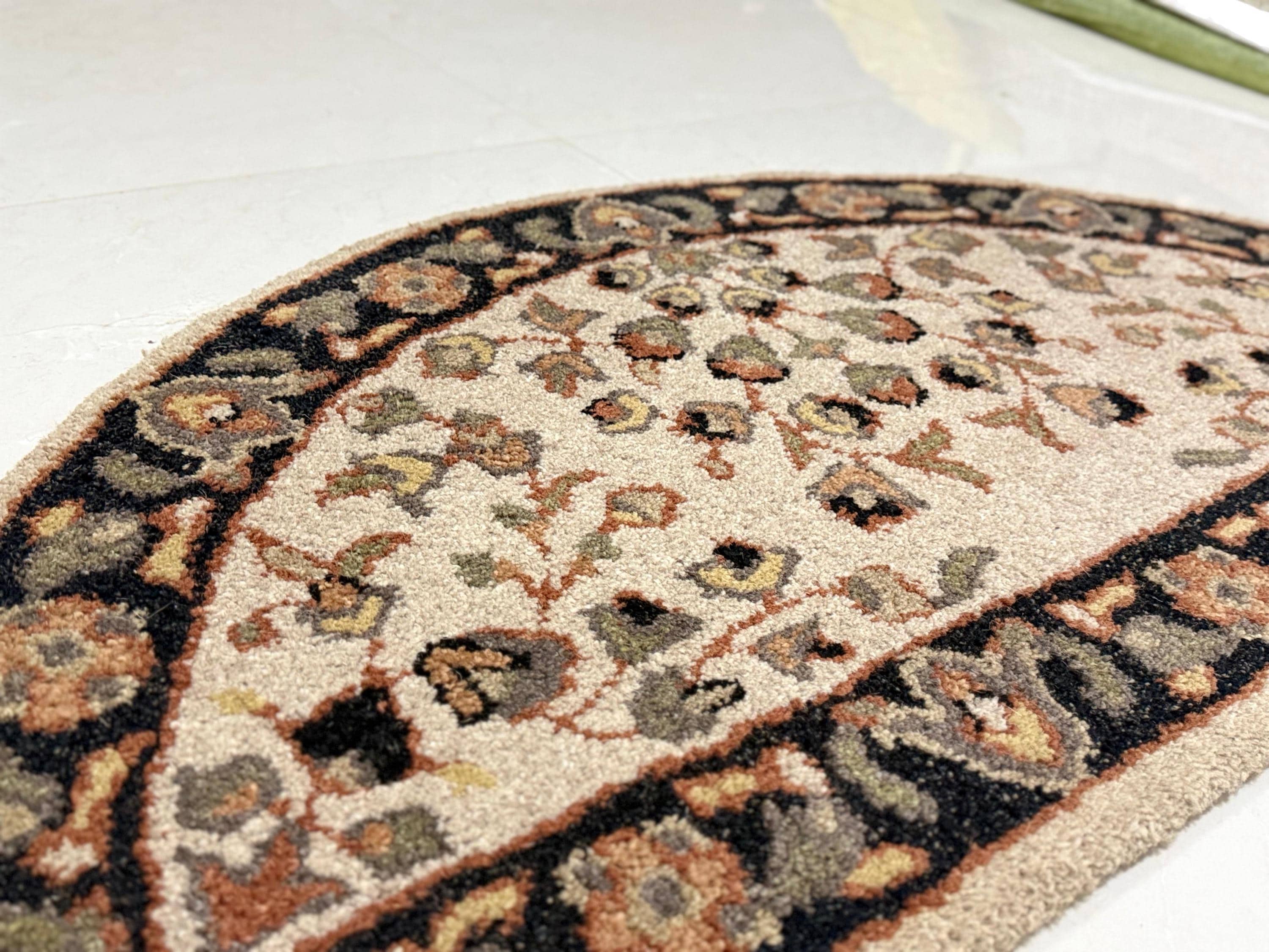 Half Moon Floral Door Mat Rug, Hand Tufted Wool Entryway Rug, Semi Circle Carpet, Vintage Persian Style Accent Mat for Kitchen or Bathroom