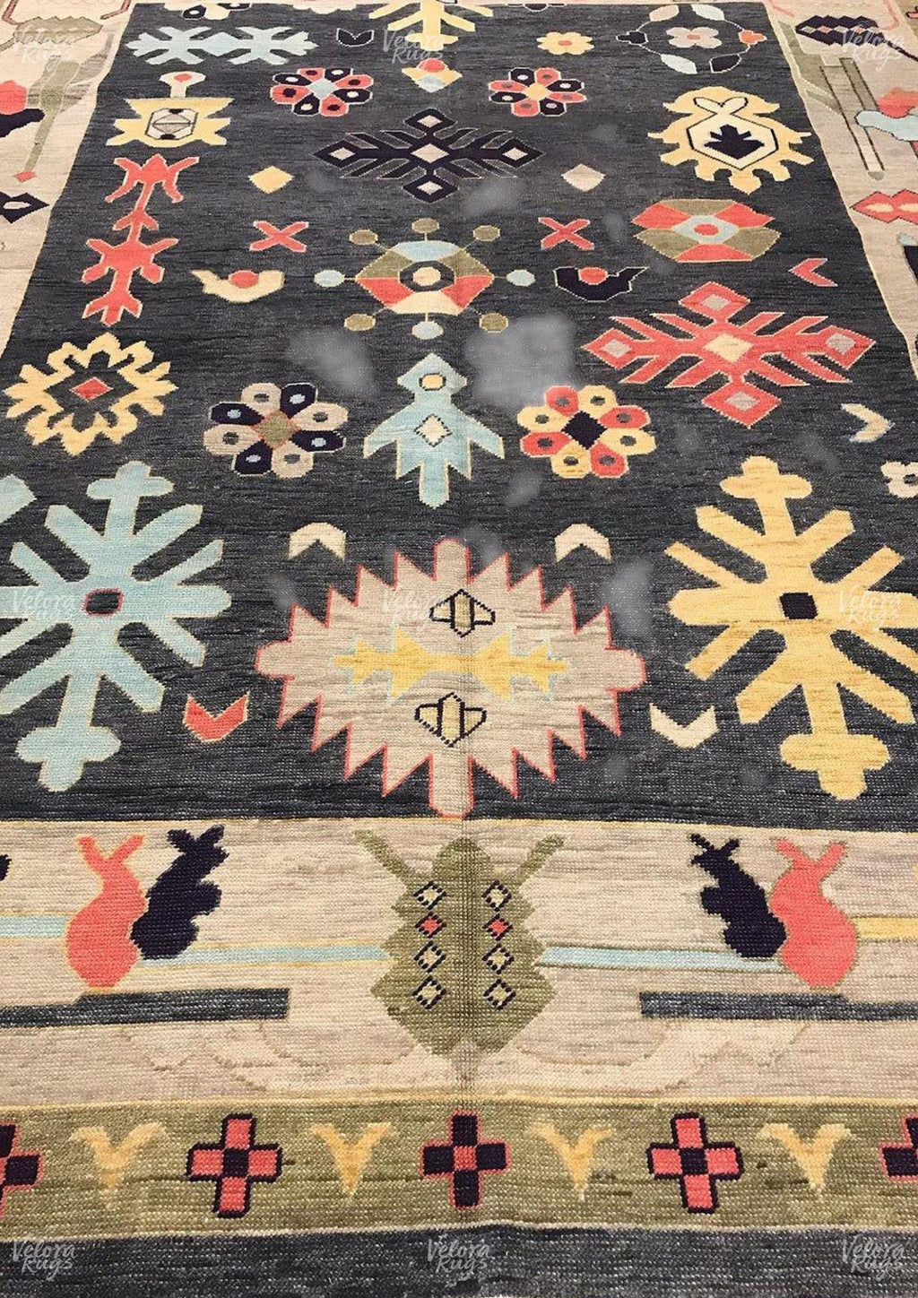 Hand Knotted Wool Oushak Rug: Beige & Black Tribal Carpet