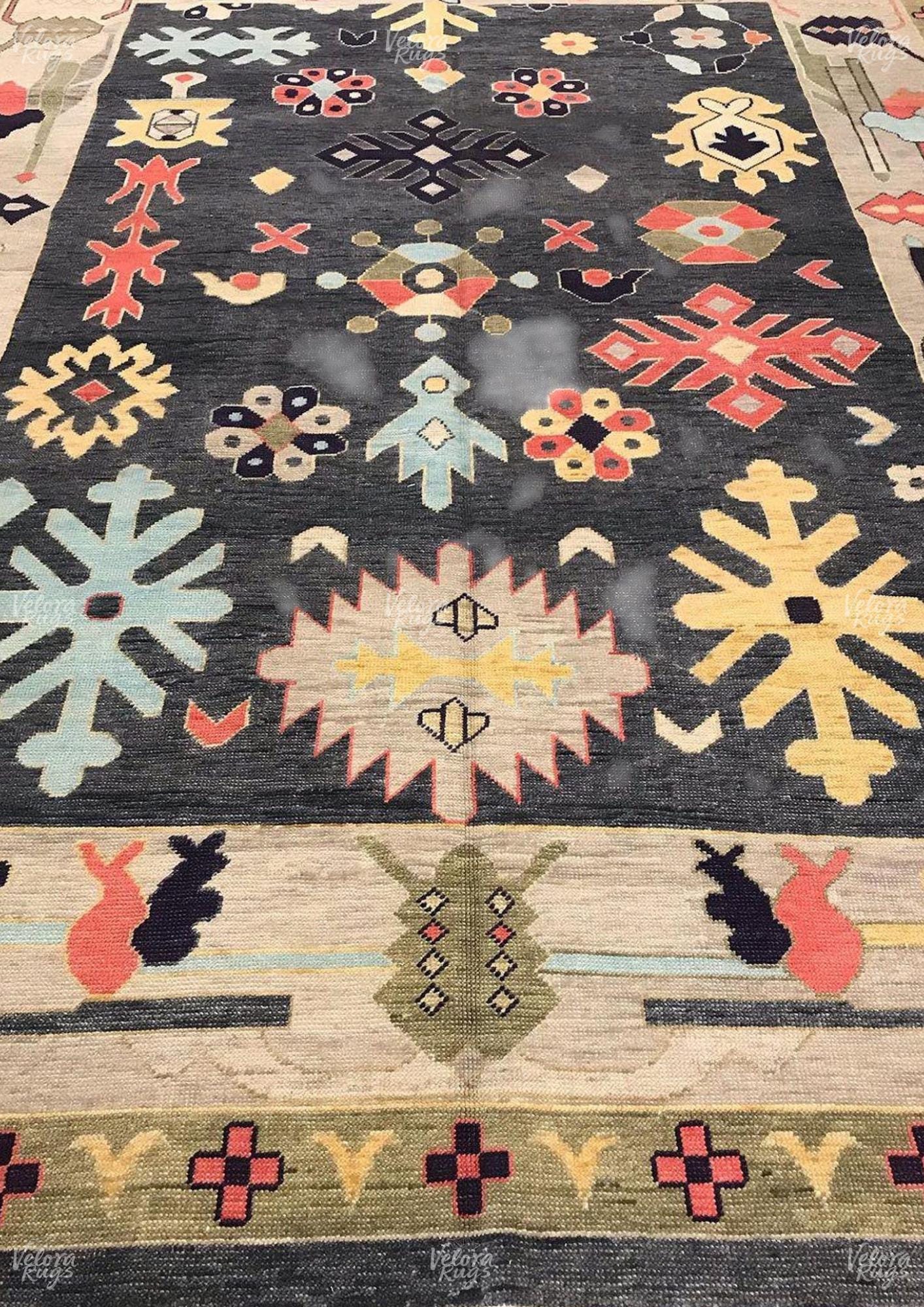 Hand Knotted Wool Oushak Rug: Beige & Black Tribal Carpet