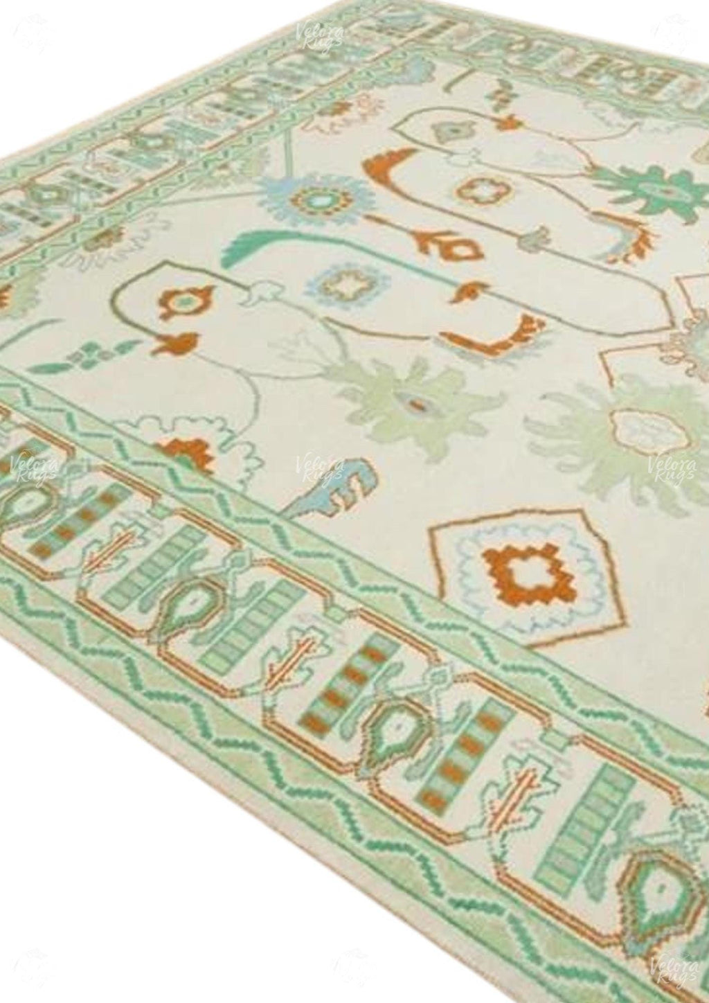 Hand-Knotted Light Green Oushak Rug: Turkish Wool Area Rug