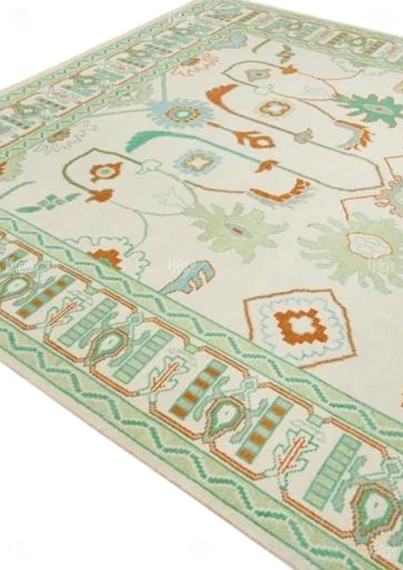 Hand-Knotted Light Green Oushak Rug: Turkish Wool Area Rug