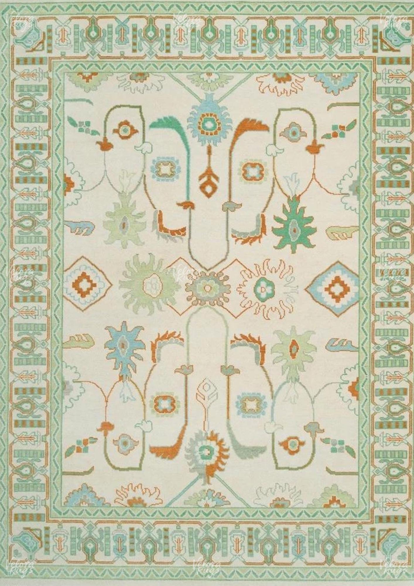 Hand-Knotted Light Green Oushak Rug: Turkish Wool Area Rug