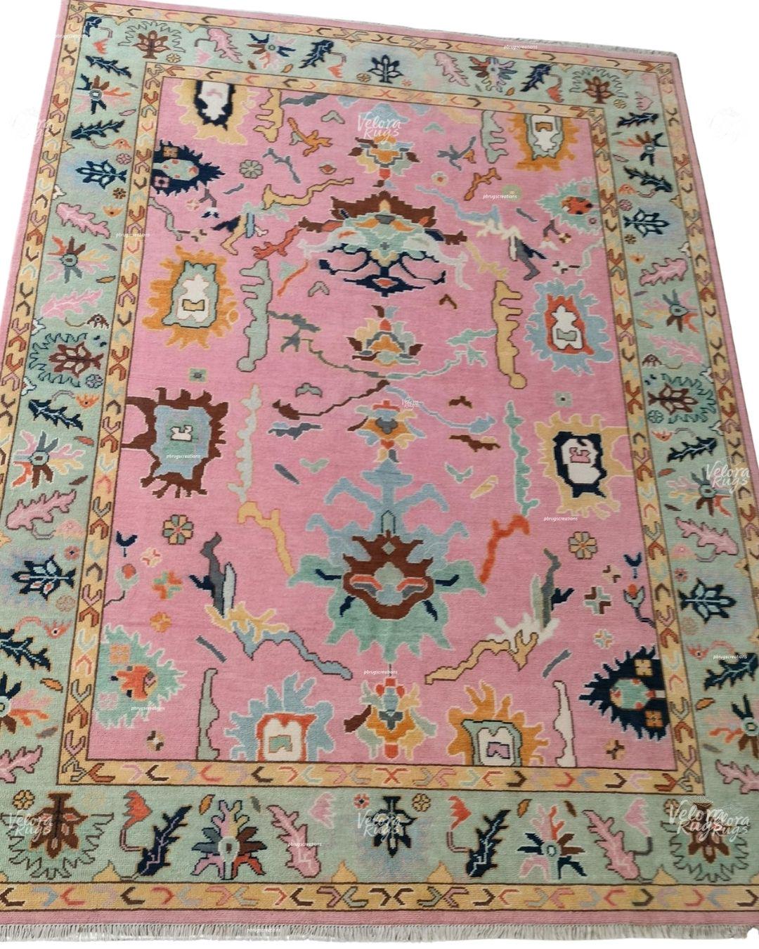 Pink Rug with Pastel Green Border Hand Knotted Woolen Rug, Traditional Persian Style Carpet, Vintage Turkish Tribal Design, Living Area Rug