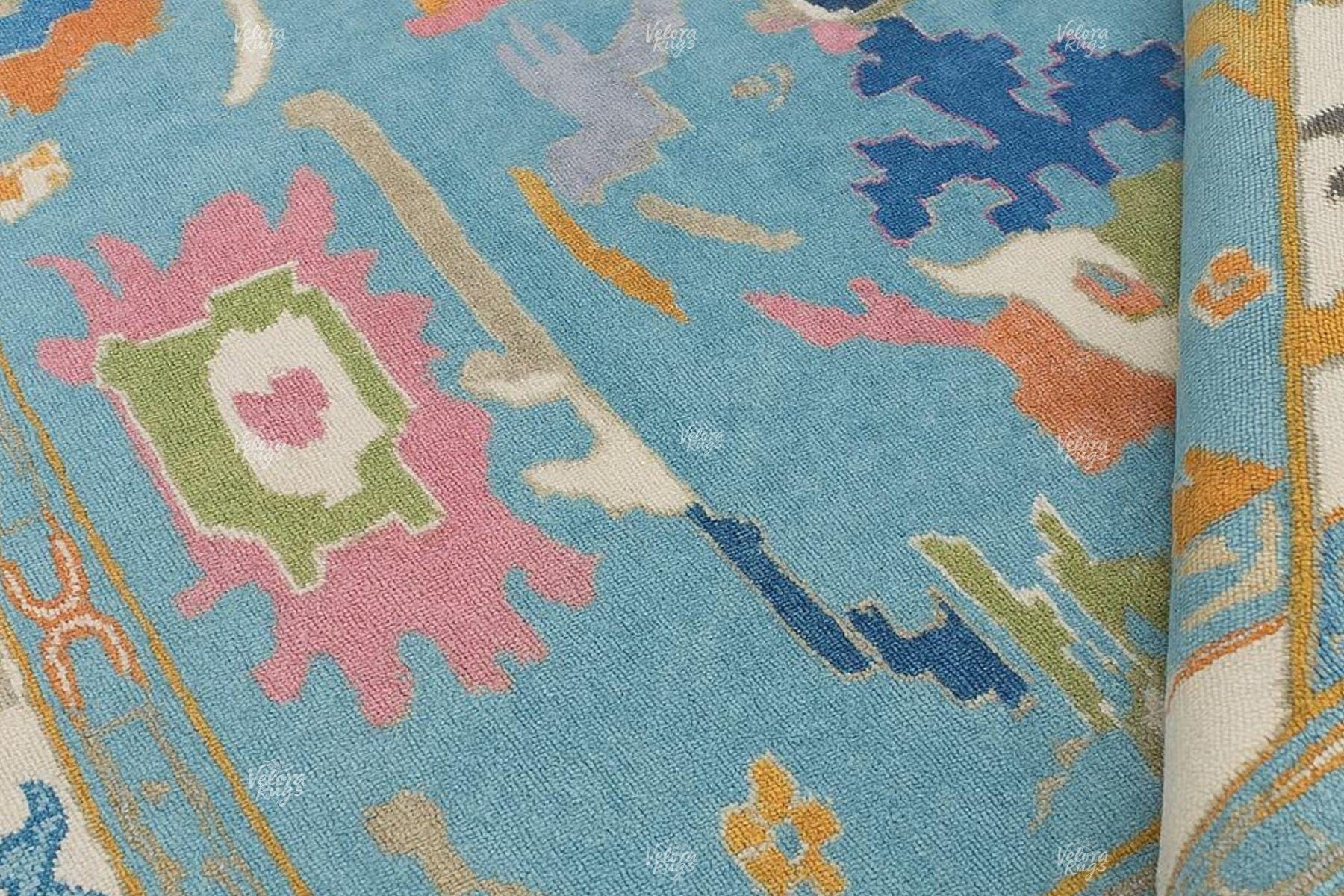 Blue Hand-Knotted Modern Oushak Rug- Antique-Style Contemporary Design, Living Room Rug, Available in 4x6, 5x8, 6x9, 8x10, 9x12, 10x14 ft