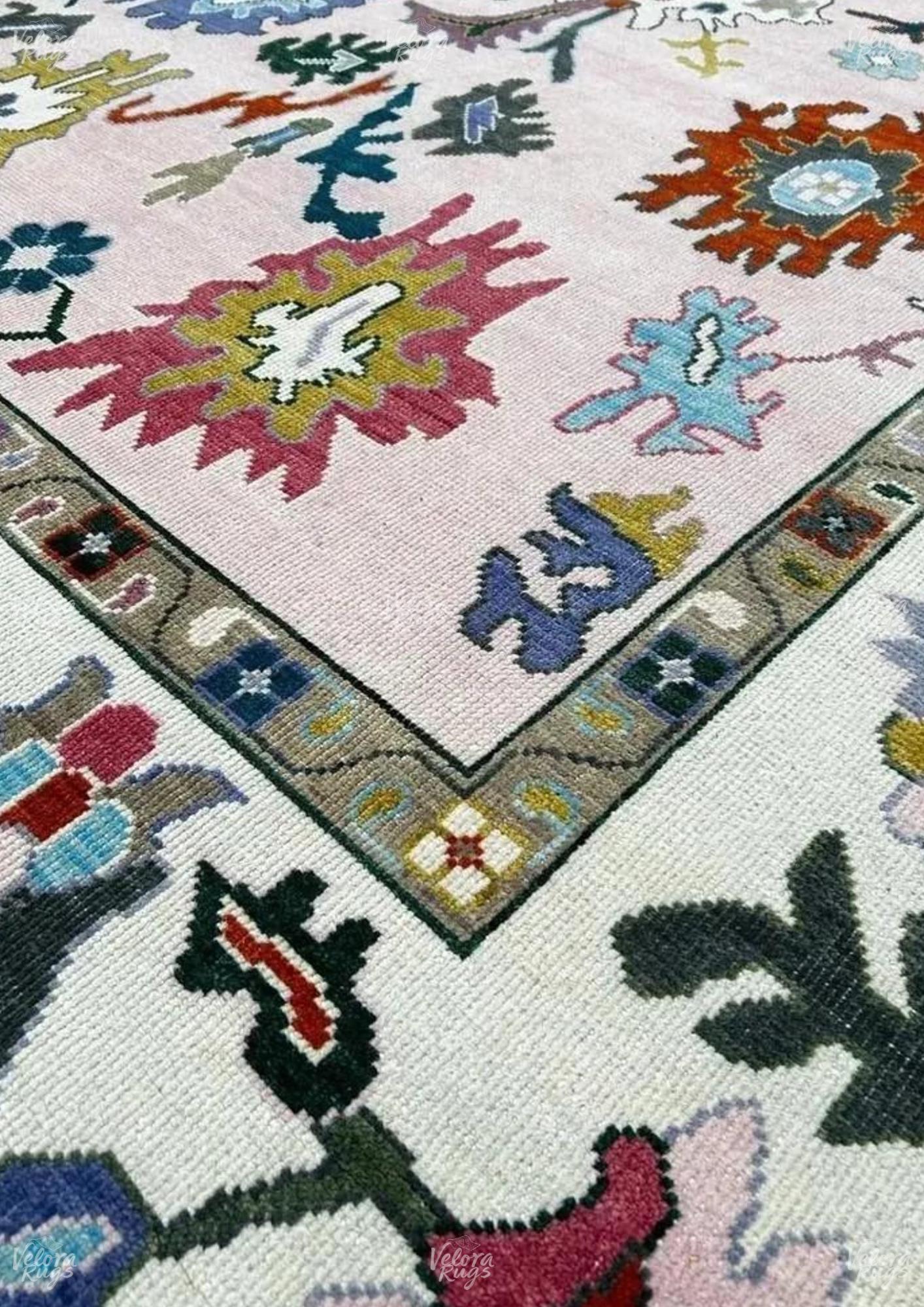 Pink Oushak Rug – Handmade Turkish Wool Area Rug, Modern Vintage Style with Ivory Accents