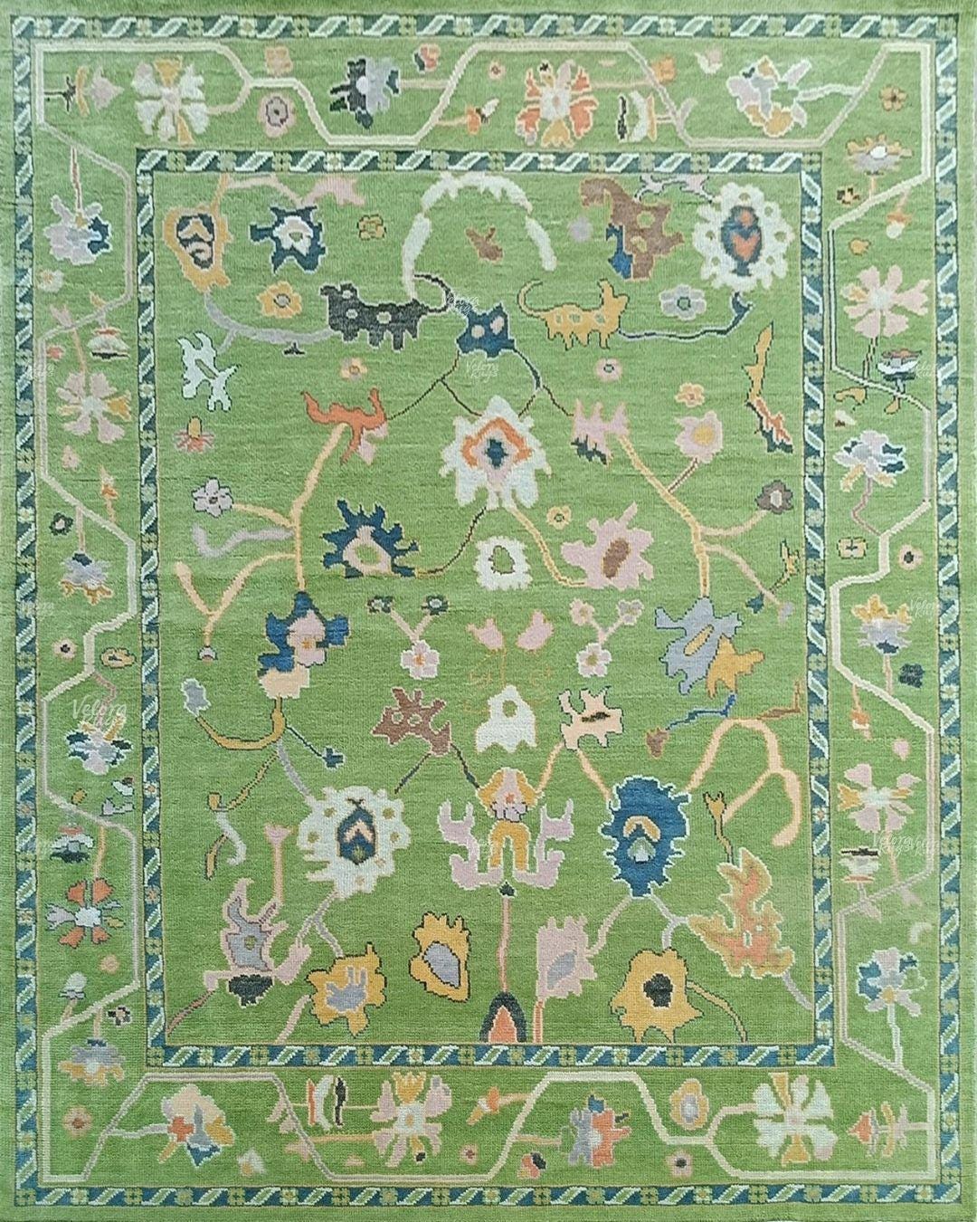 Green Oushak Hand Knotted Wool Rug | Vintage Turkish Style Area Carpet 9x12 ft | Moss Green Rug for Living Room, Bedroom & Dinning Hall