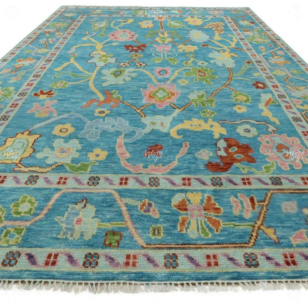 Light Blue Oushak Rug - Hand Knotted  Wool Rug, Turkish Floral Carpet - Handmade Area Rug for Living Room & Bedroom  in 4x6 to 12x15 ft Size