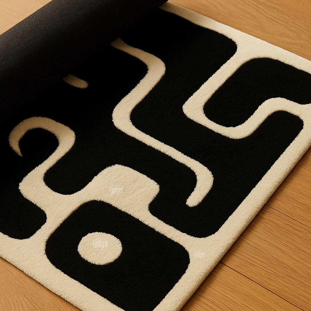 Hand Tufted Black and White Wool Rug | Modern Abstract Area Carpet | Minimalist Living Room Rug | Contemporary Home Decor