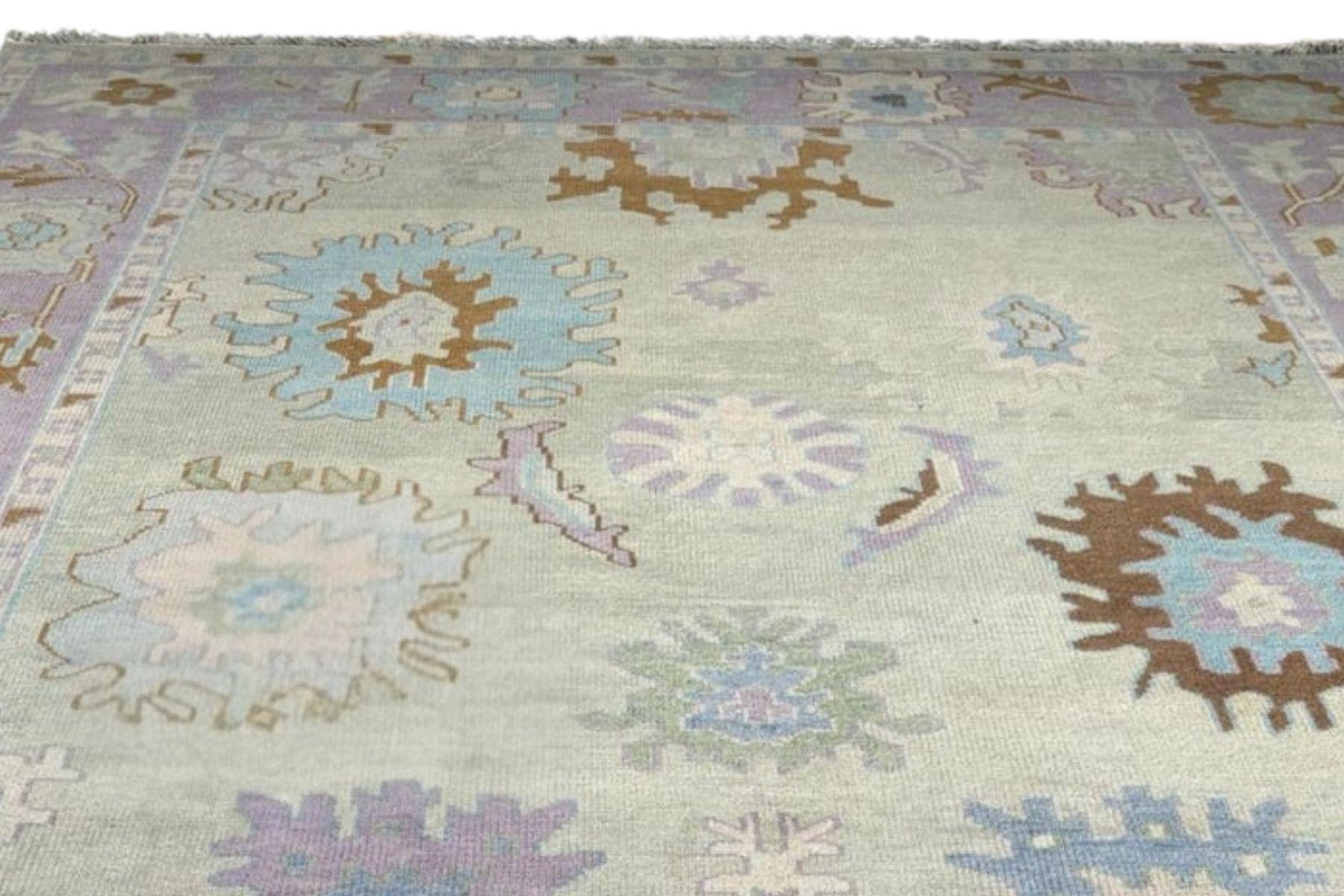 Handmade Pastel Oushak Rug – Wool Turkish Style Carpet with Lavender, Blue & Beige Tones, Vintage Floral Area Rug For Living Room, Bedroom