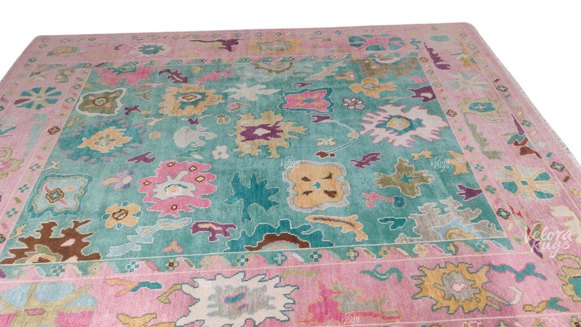 Hand Knotted Pink and Teal Oushak Rug – Modern Wool Turkish Style Carpet, Colorful Floral Oriental Area Rug for Living Room, Bedroom Decor