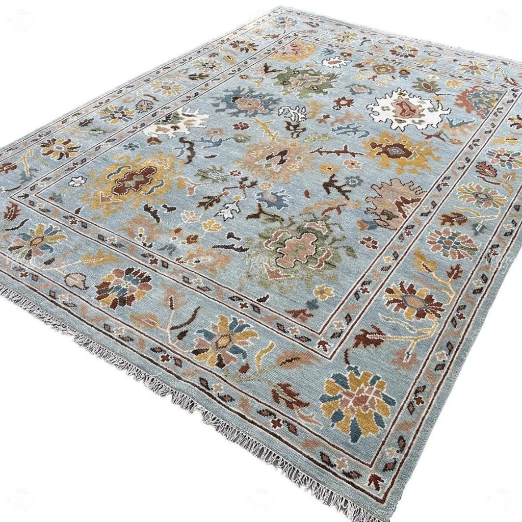 Hand-Knotted Oushak Wool Rug: Light Blue Floral Turkish Carpet 4x6, 5x8, 8x10, 9x12, 10x14 ft Modern Design Handmade Rug for Living Room