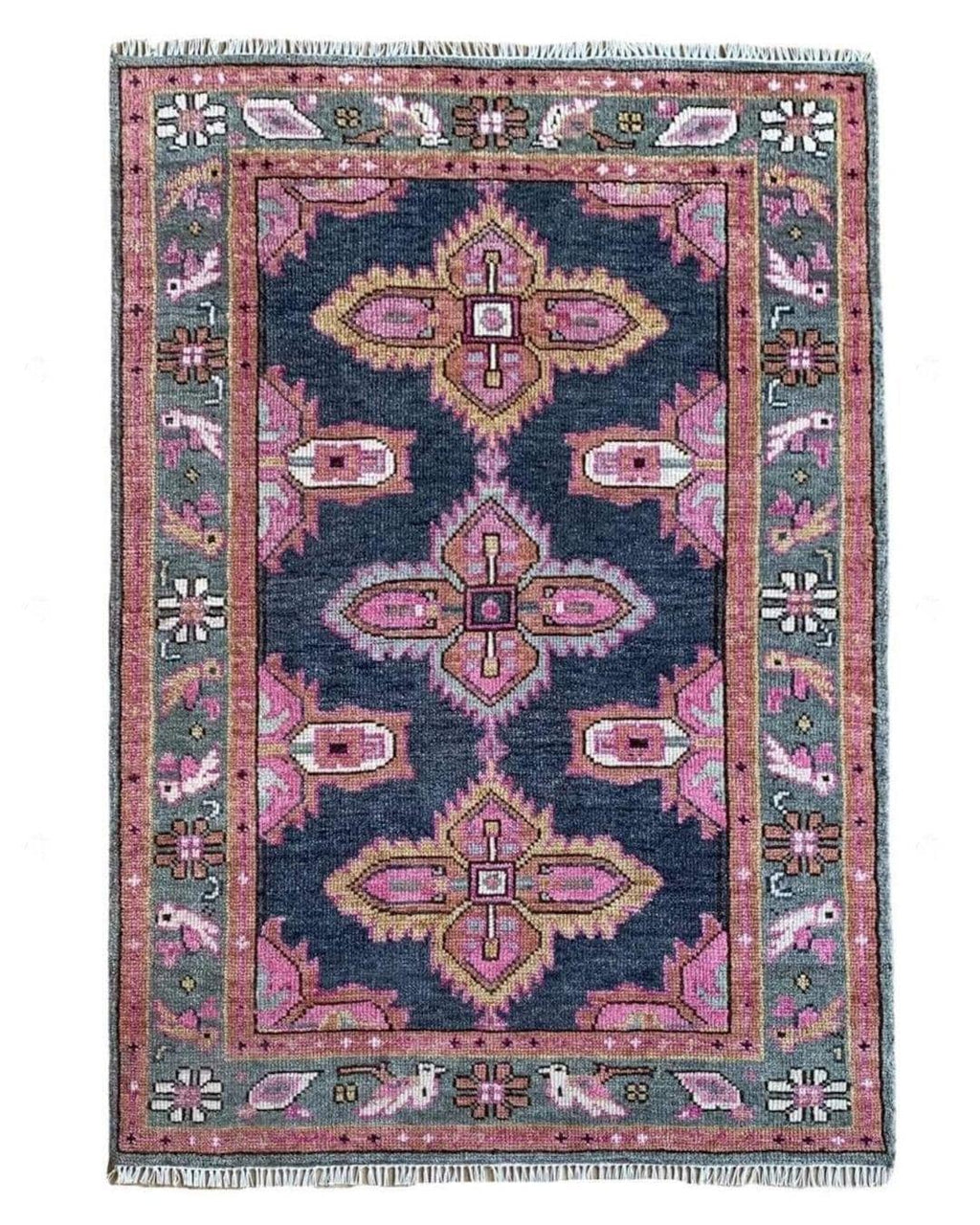 Navy Pink Oushak Hand Knotted Oushak Rug | Antique Oriental Design Area Carpet in 5x8, 6x9, 8x10,9x12 ft for Living Room,Bedroom or Kitchen