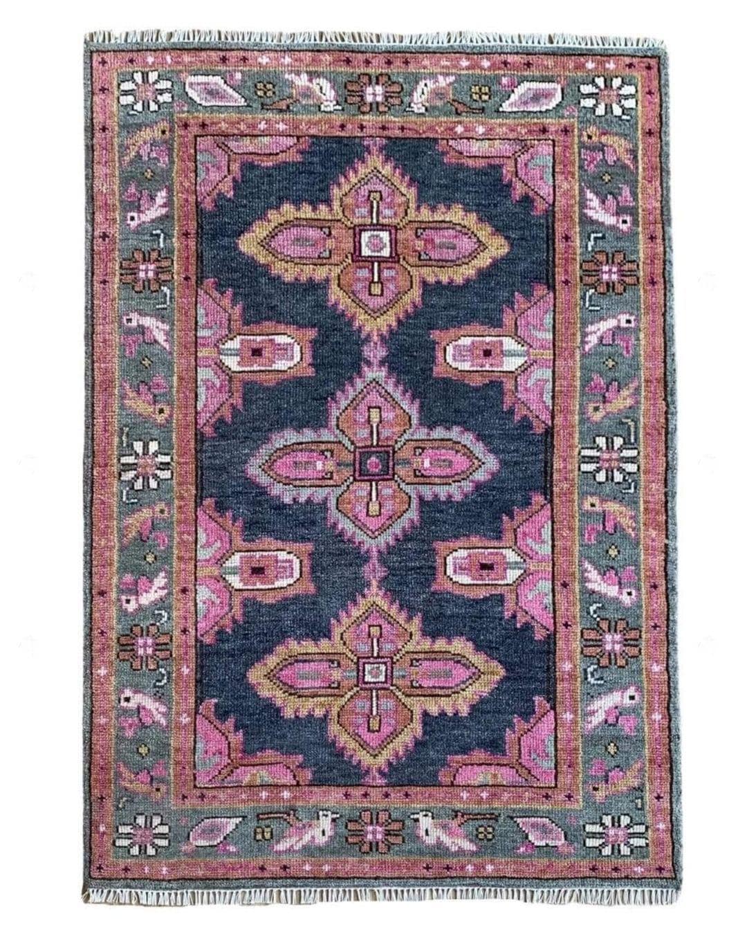 Navy Pink Oushak Hand Knotted Oushak Rug | Antique Oriental Design Area Carpet in 5x8, 6x9, 8x10,9x12 ft for Living Room,Bedroom or Kitchen