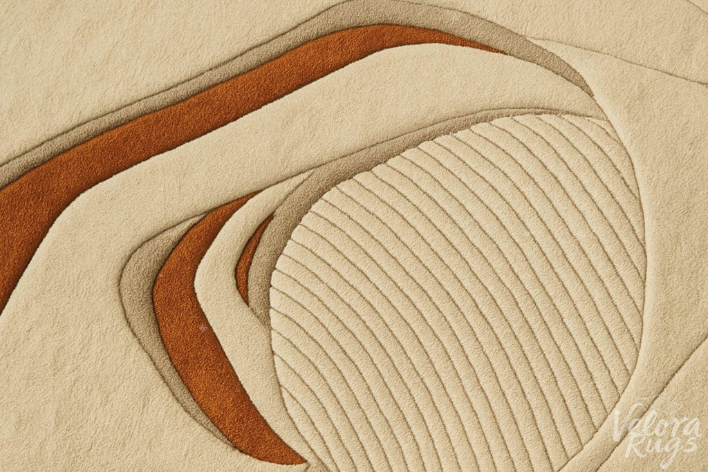 Beige Tufted Wool Rug – Abstract Modern Area Carpet | 3D Textured Handmade Rug with Rust Accents | Neutral Organic Shape Home Decor