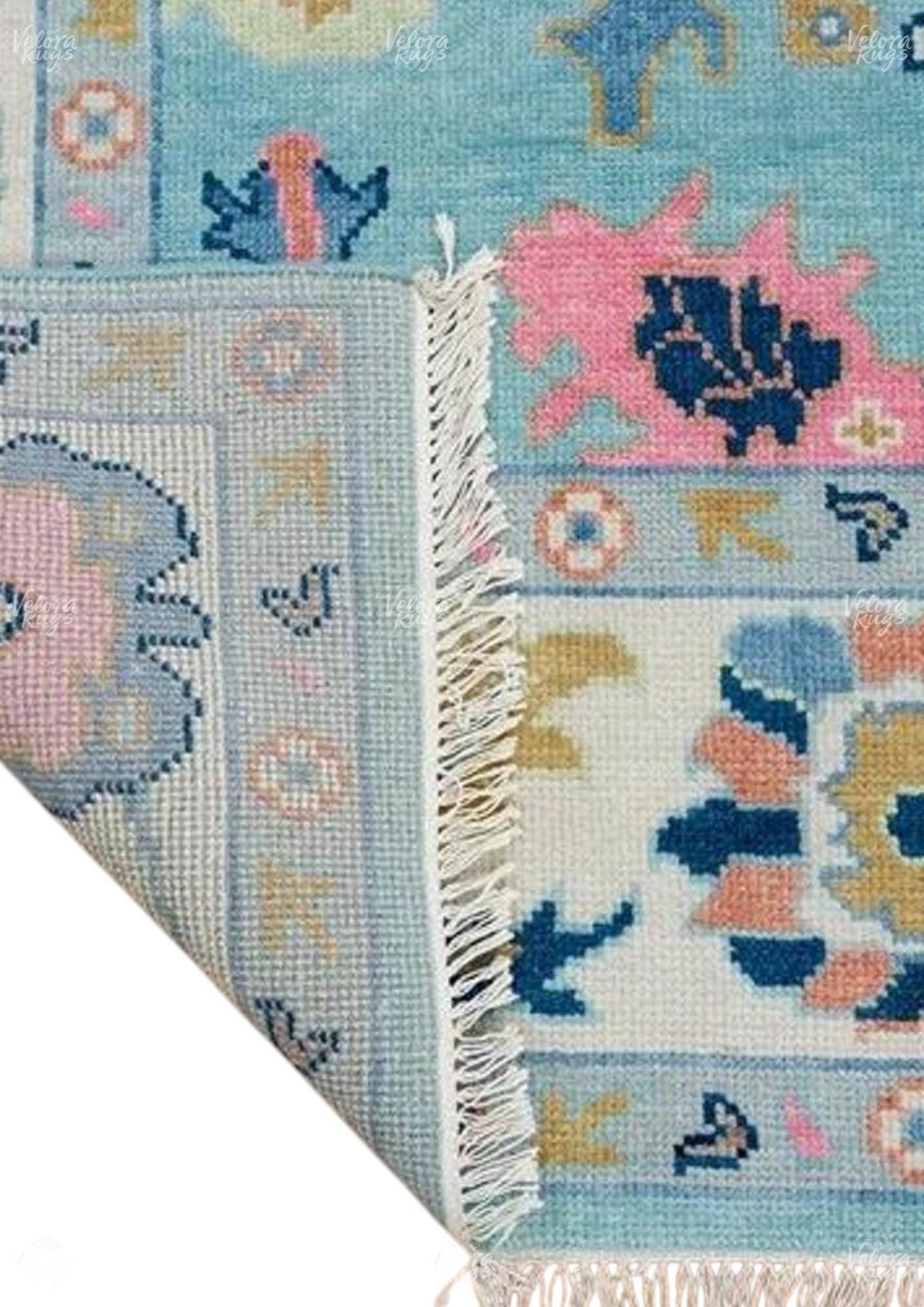 Elegant Hand Knotted Blue Oushak Rug - Antique-Style Contemporary Design, Available in 4x6, 5x8, 6x9, 8x10, 9x12, 10x14 ft | Living Room Rug