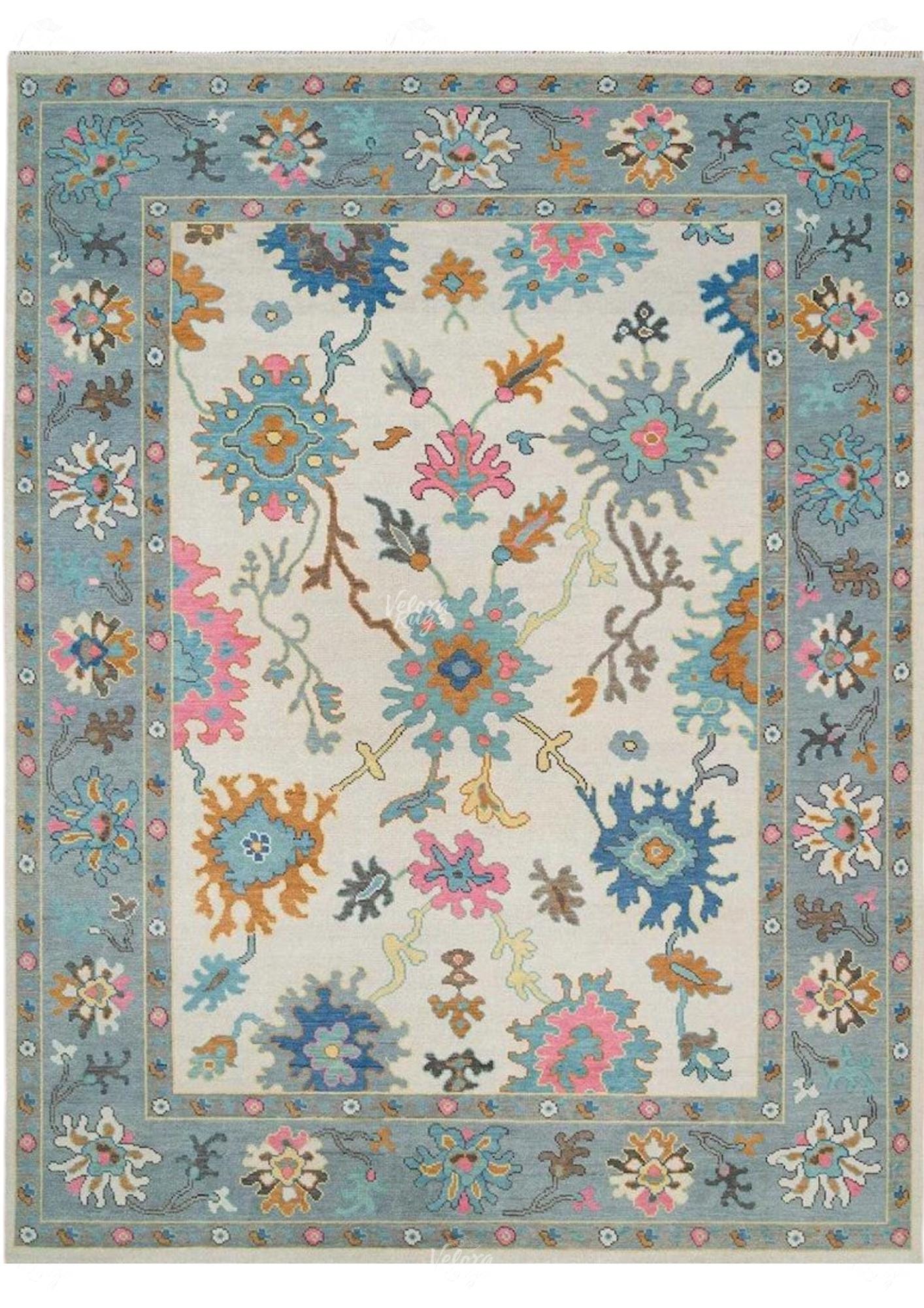 Hand-Knotted Oushak Wool Rug: Beige & Blue Turkish Area Carpet