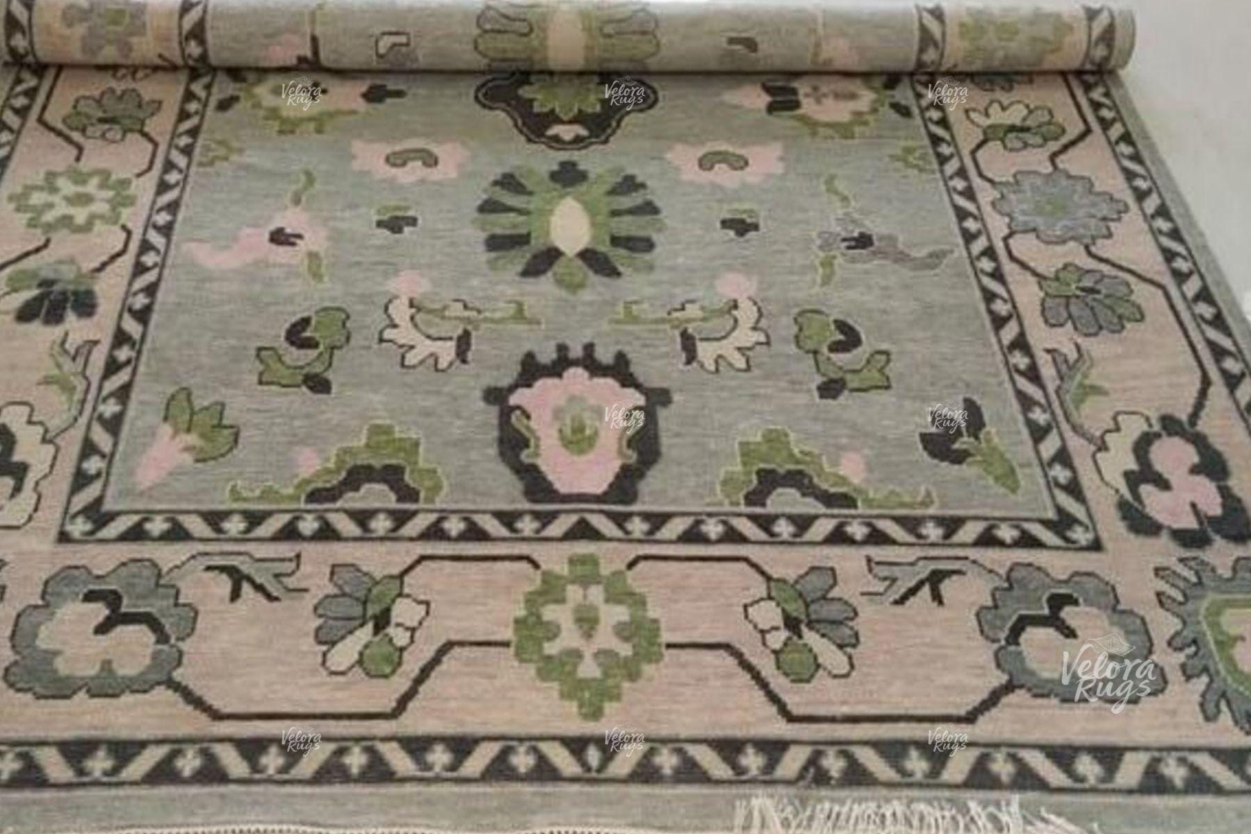 Gray Oushak Hand-Knotted Turkish Style Carpet | Pastel Floral Area Rug | Soft Green & Pink Oriental Wool Rug | Custom Size Living Room Decor