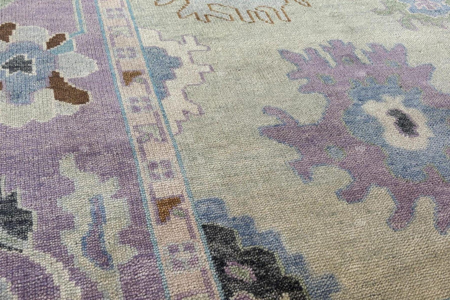 Handmade Pastel Oushak Rug – Wool Turkish Style Carpet with Lavender, Blue & Beige Tones, Vintage Floral Area Rug For Living Room, Bedroom