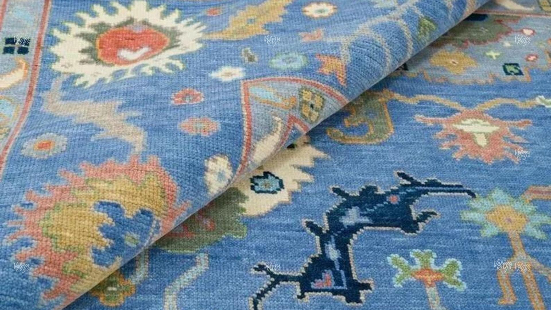 Hand Knotted Wool Rug | Sky Blue Oushak Area Carpet | Traditional Oriental Floral Design | Living Room Home Decor | Vintage Boho Style Rug