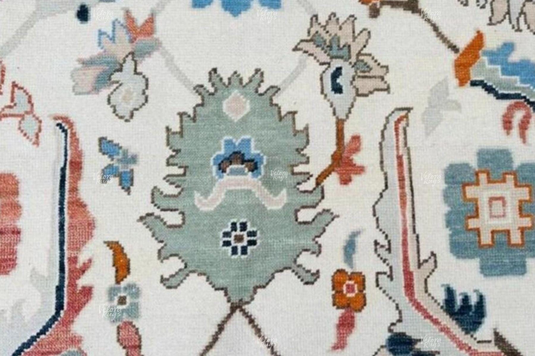 Hand Knotted Traditional Oushak Wool Rug | Cream Oriental Floral Carpet with Blue & Rust Accent | Vintage Turkish Style Area Rug 9x12, 10x14