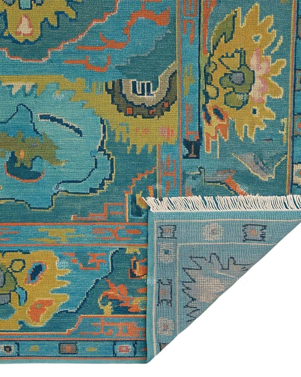 Blue Hand-Knotted Modern Oushak Rug- Antique-Style Contemporary Design, Living Room Rug, Available in 4x6, 5x8, 6x9, 8x10, 9x12, 10x14 ft