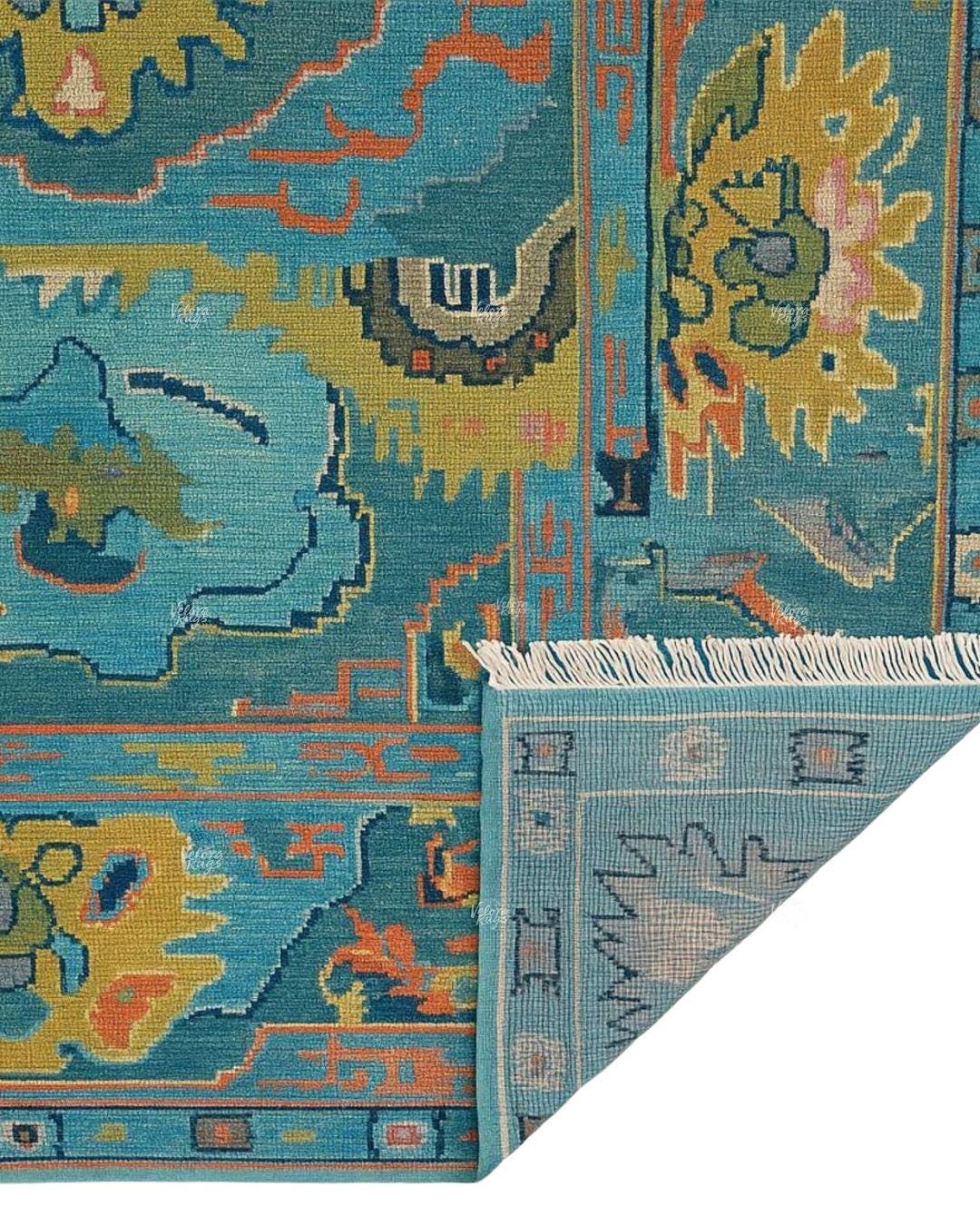 Blue Hand-Knotted Modern Oushak Rug- Antique-Style Contemporary Design, Living Room Rug, Available in 4x6, 5x8, 6x9, 8x10, 9x12, 10x14 ft