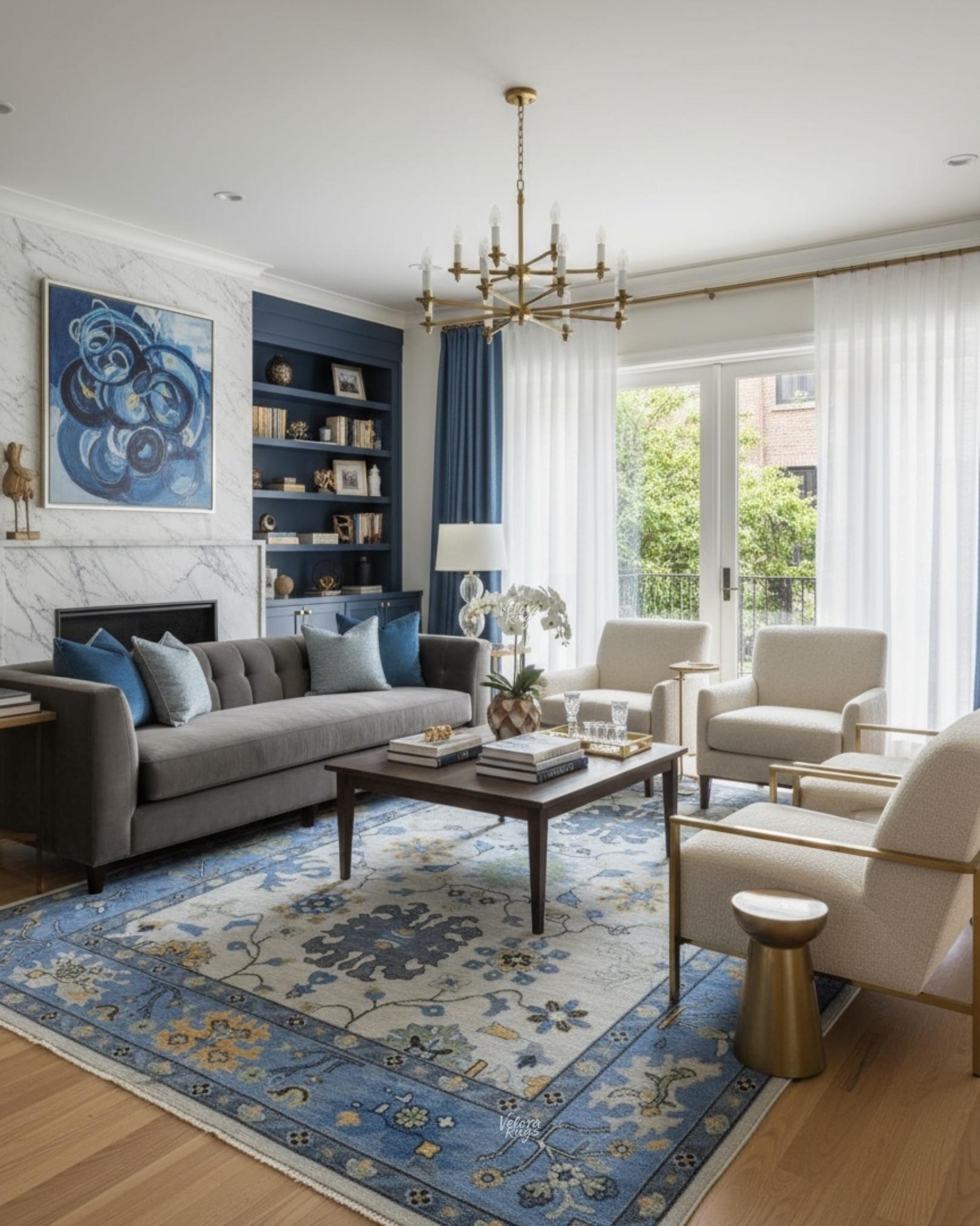 Elegant Hand-Knotted Ivory & Blue Oushak Rug - Antique-Style Contemporary Design, Available in 4x6, 8x10, 9x12, 10x14 ft | Living Room Rug