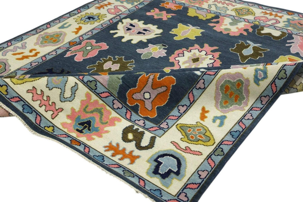 Bright Blue White Oushak Rug - Hand Knotted Wool, Antique Style Modern Abstract Handmade Area Rug in 8x10, 9x12 ft for Living Room & Bedroom