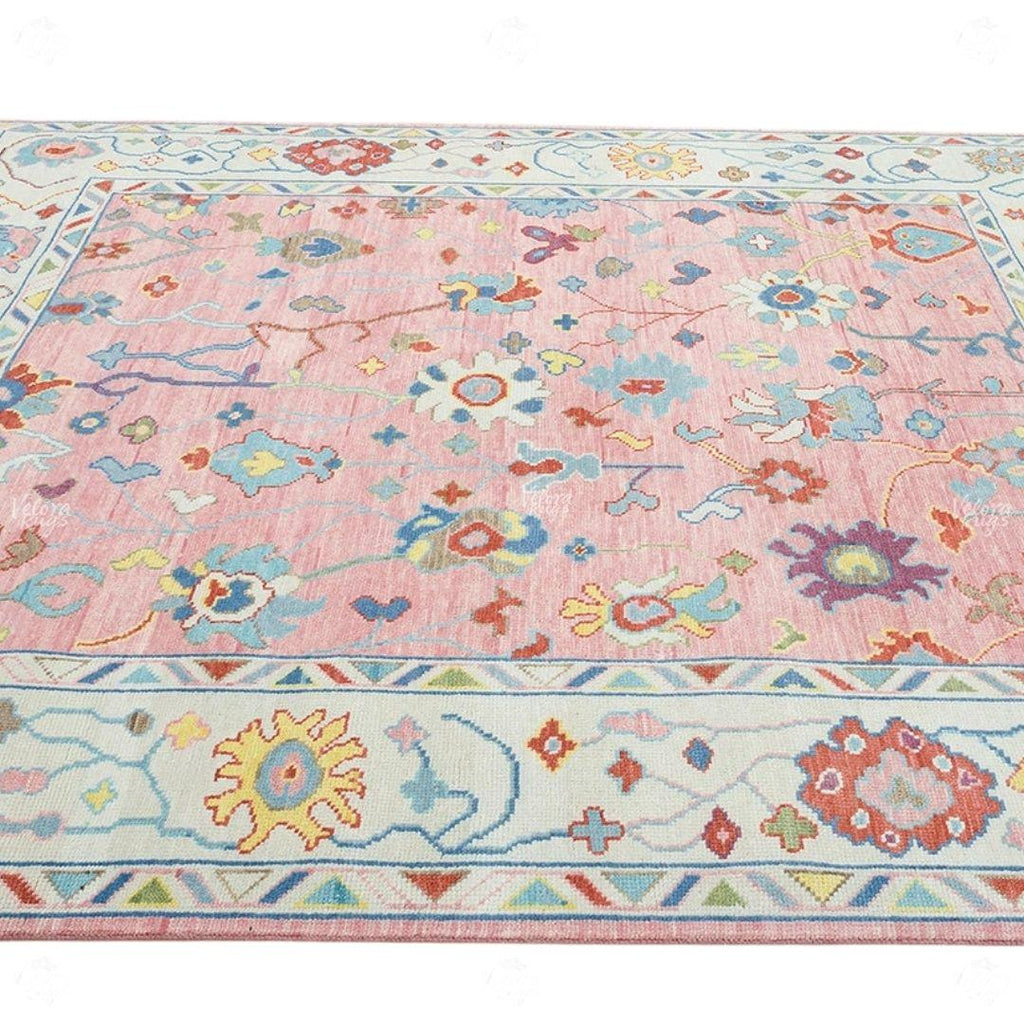 Pink Oushak Rug – Hand Knotted Wool Area Carpet | Light Blue & Ivory Border | Modern Turkish Floral Design | Handmade Boho Living Room Decor