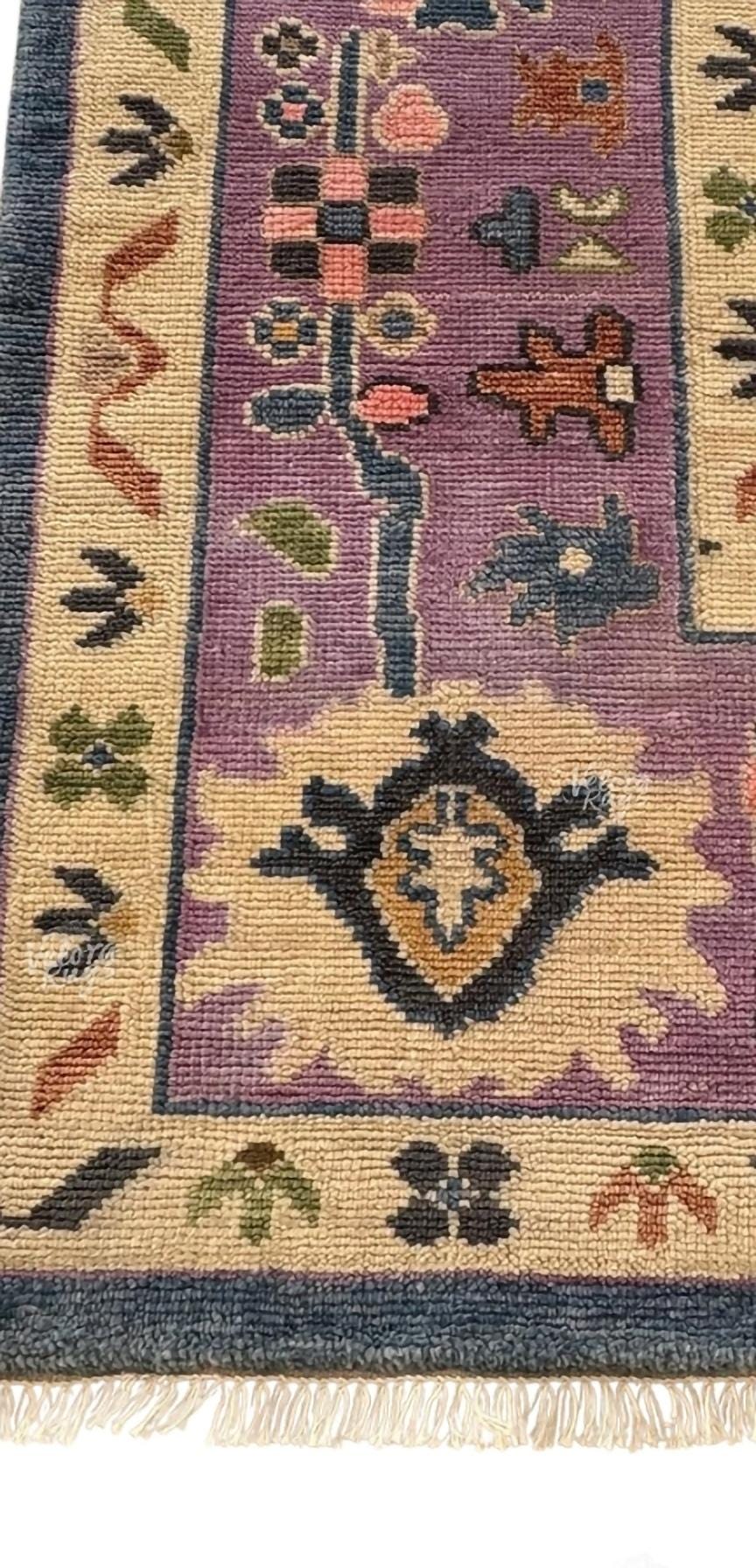 9x12 ft Blue - Lavender Hand Knotted Oushak Rug – Vintage Style Handmade Ethnic Rug | Elegant Boho Floral Rug for Living Room & Bedroom