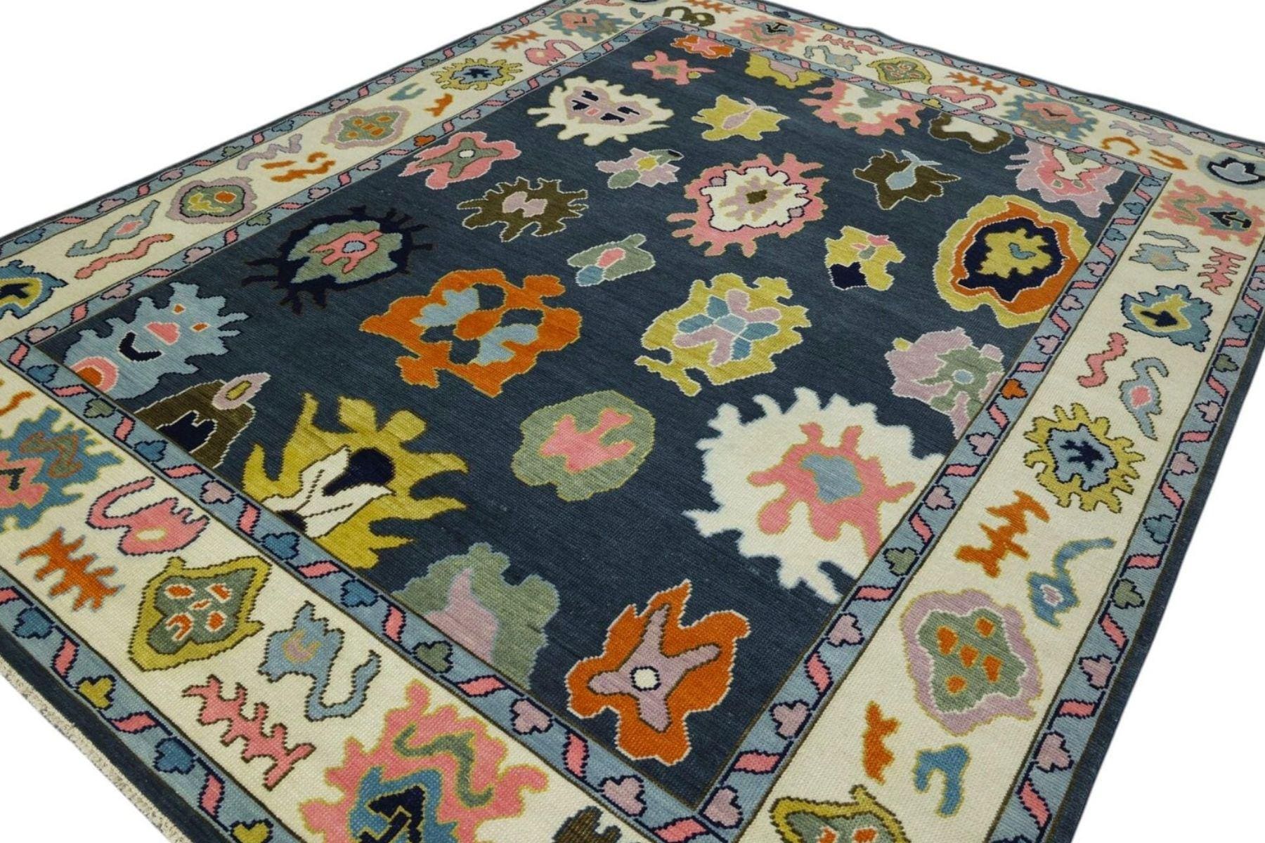 Bright Blue White Oushak Rug - Hand Knotted Wool, Antique Style Modern Abstract Handmade Area Rug in 8x10, 9x12 ft for Living Room & Bedroom