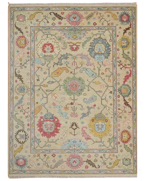 Beige Indo Oushak Hand Knotted Rug 4x6, 5x8, 6x9, 8x10, 9x12, 10x14 ft Handmade Rugs for Living Room - Antique style Contemporary rug