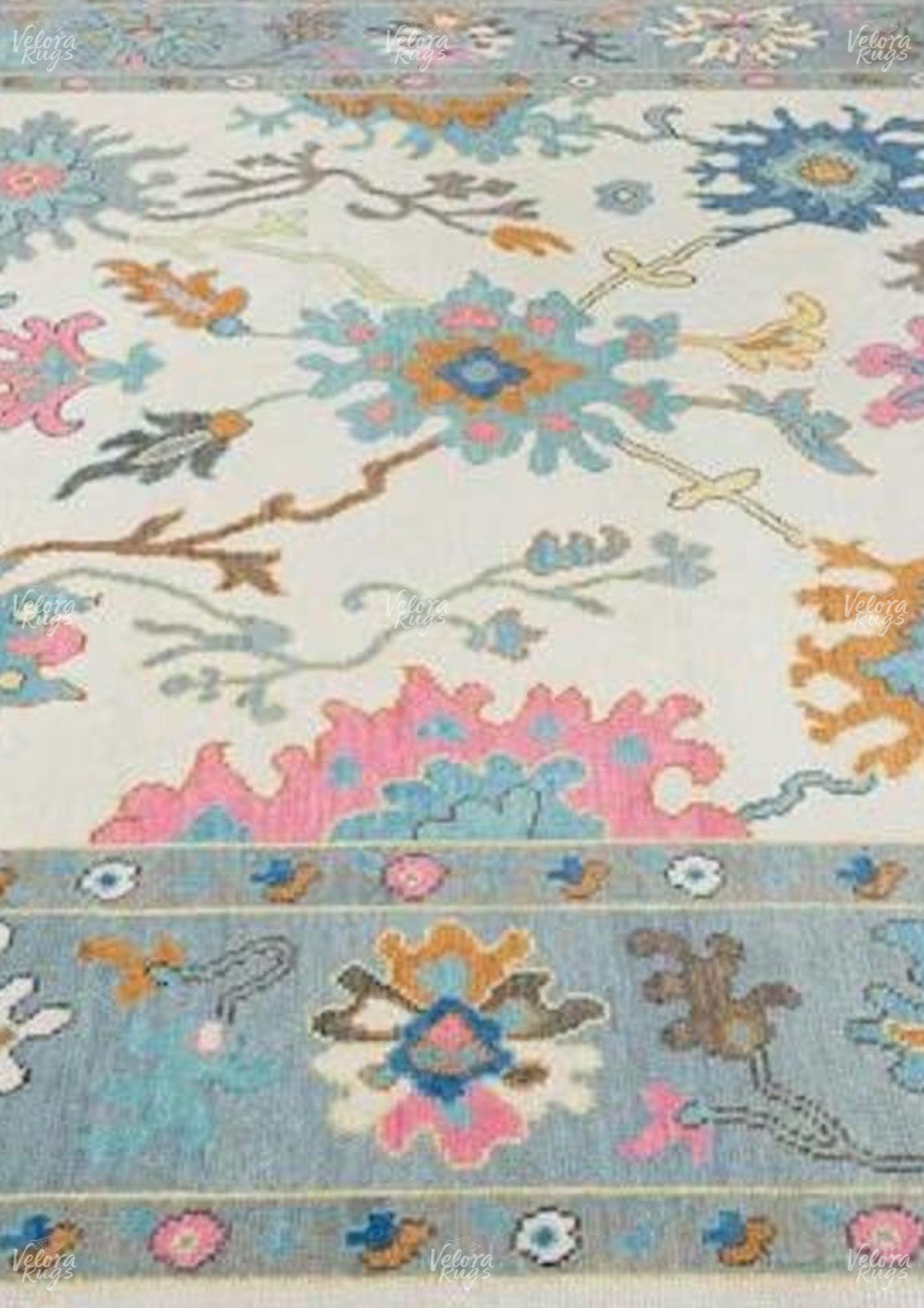 Hand-Knotted Oushak Wool Rug: Beige & Blue Turkish Area Carpet