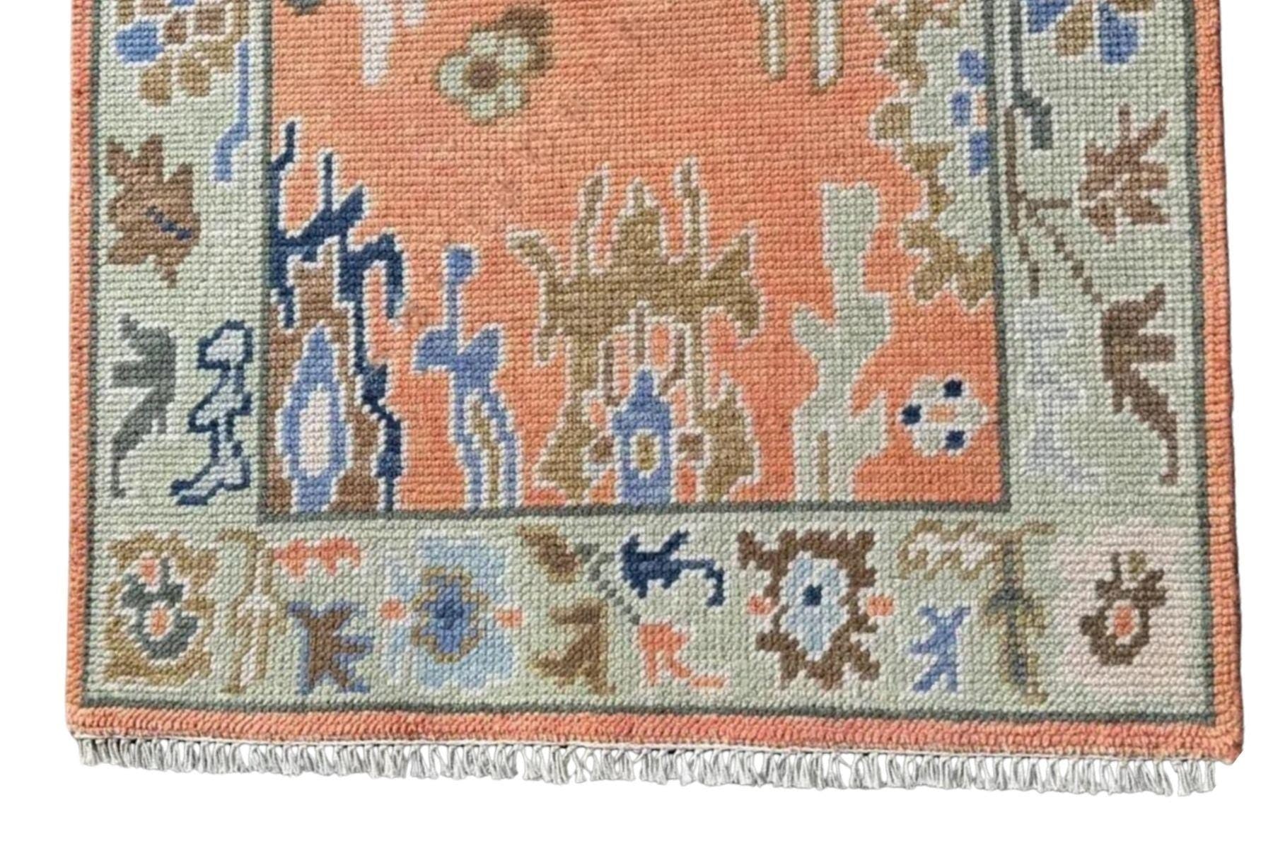 Peach Oushak Runner Rug: Hand Knotted Wool Hallway Carpet - Antique Style Contemporary Rug | Vintage Turkish  Oriental Rug For Home Decor