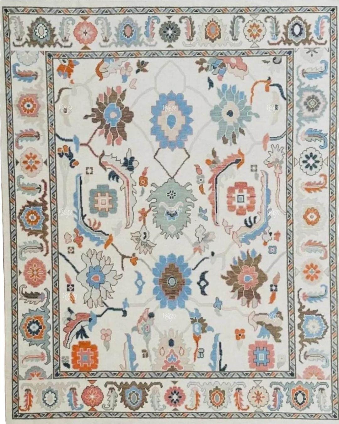 Hand Knotted Traditional Oushak Wool Rug | Cream Oriental Floral Carpet with Blue & Rust Accent | Vintage Turkish Style Area Rug 9x12, 10x14