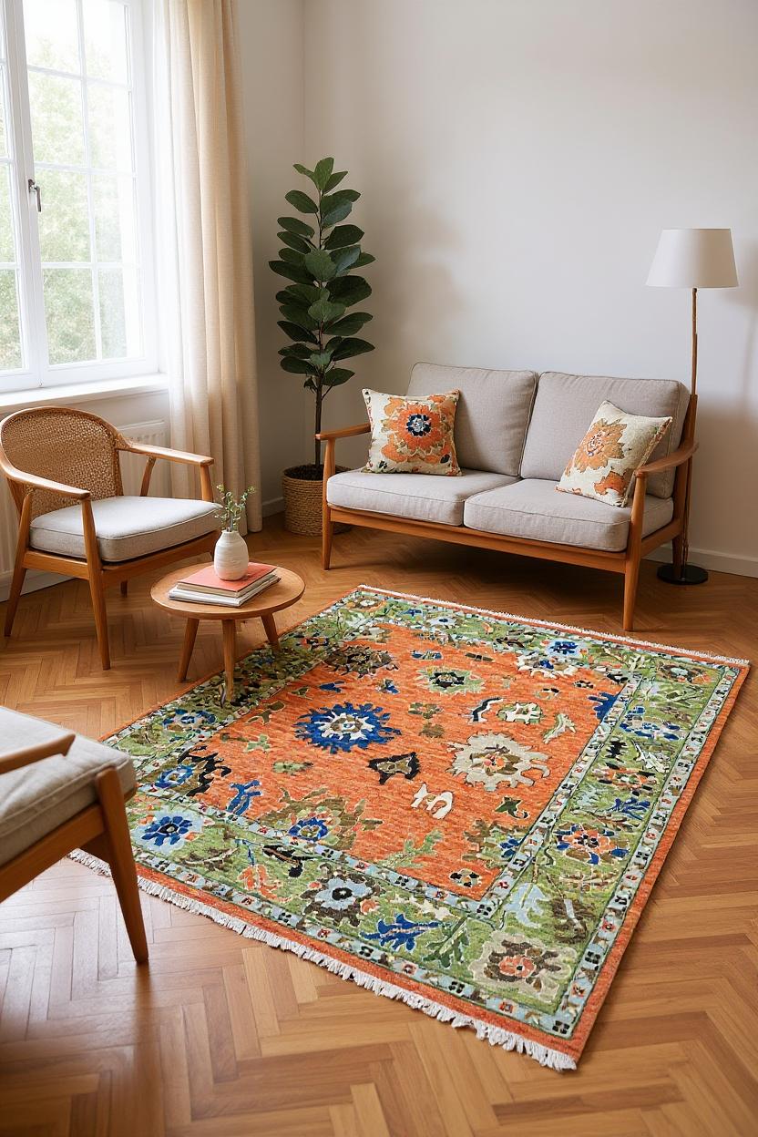 Terracotta Oushak Hand-Knotted Wool Turkish Rug | Burnt Orange Oriental Area Rug | Vintage Style Wool Rug | Custom Size Living Room Decor