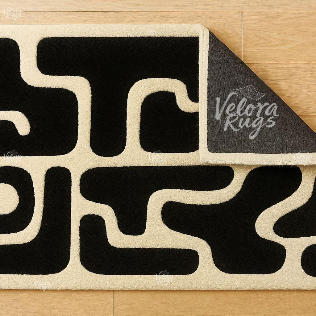 Hand Tufted Black and White Wool Rug | Modern Abstract Area Carpet | Minimalist Living Room Rug | Contemporary Home Decor