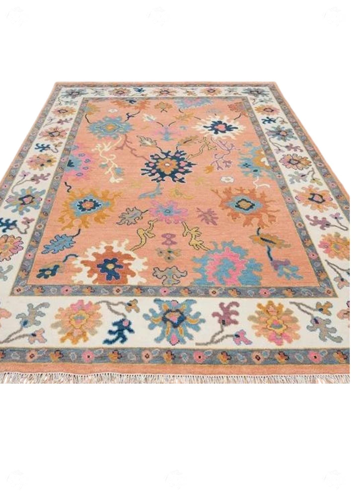 Hand-Knotted Orange Oushak Wool Rug: Modern Turkish Area Carpet
