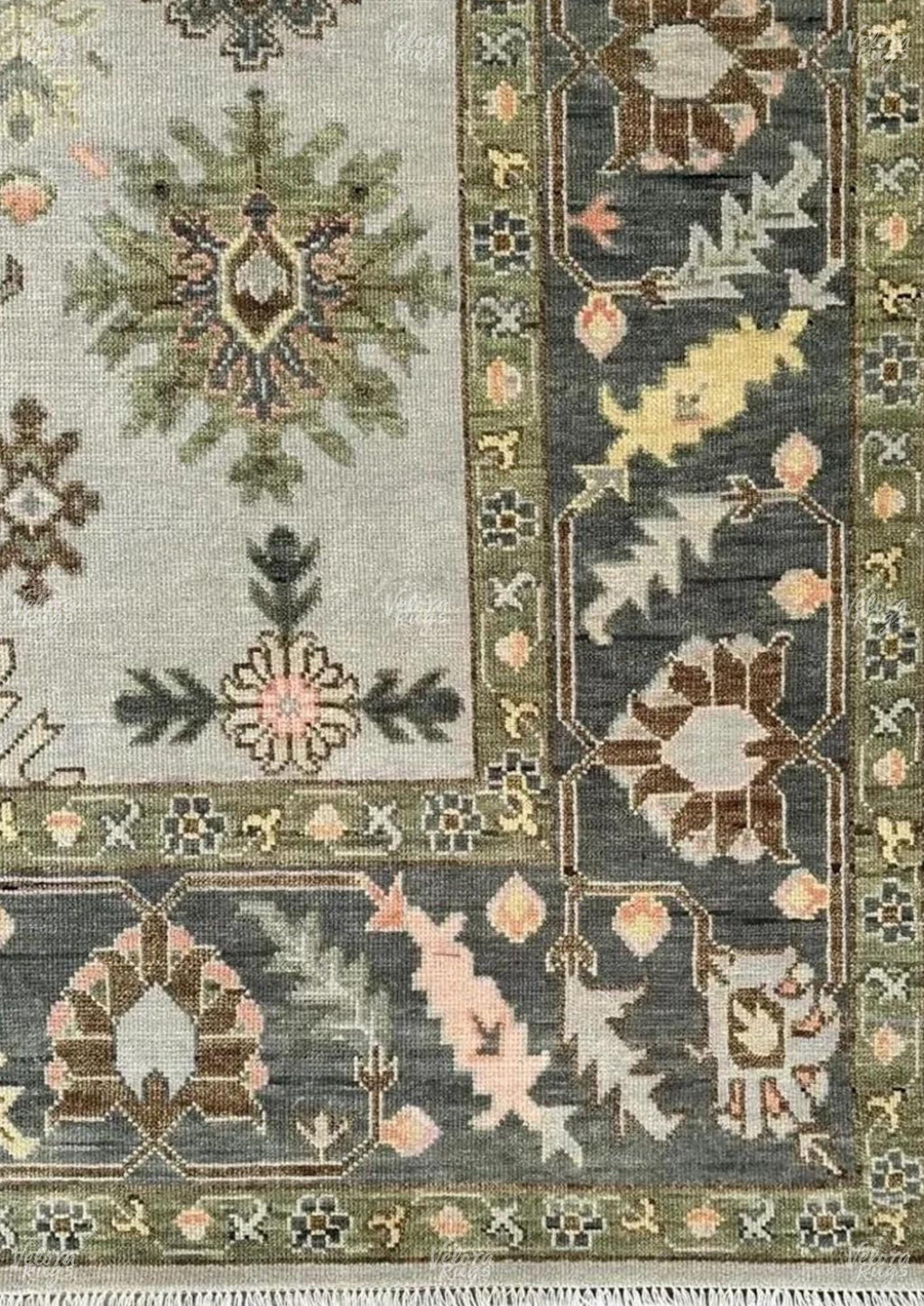 Hand-Knotted Oushak Wool Rug: Grey, Black and Ivory Turkish Carpet