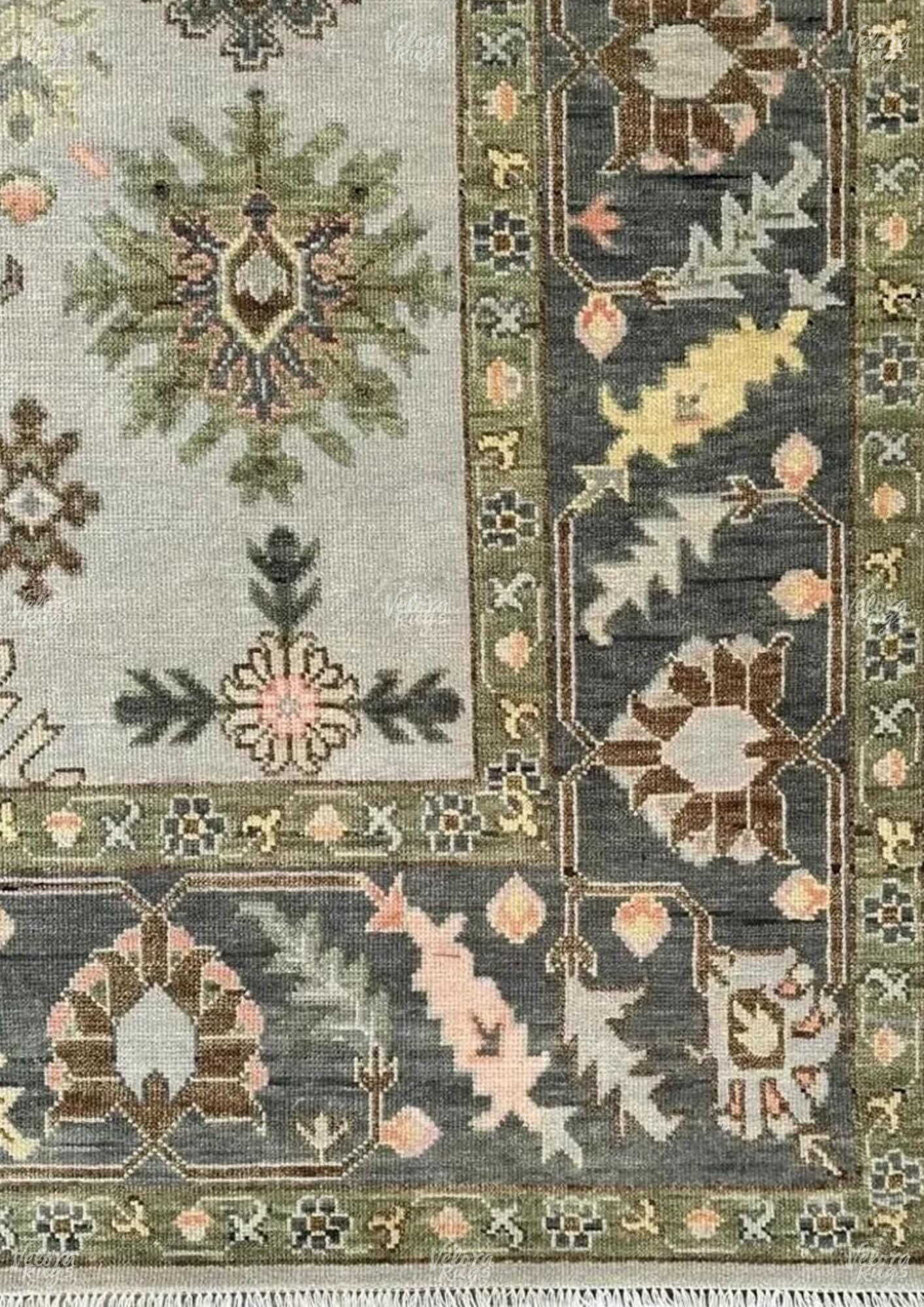 Hand-Knotted Oushak Wool Rug: Grey, Black and Ivory Turkish Carpet