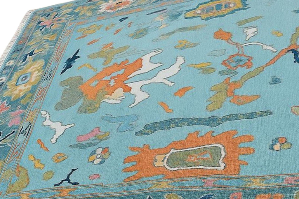 Blue Hand-Knotted Modern Oushak Rug- Antique-Style Contemporary Design, Living Room Rug, Available in 4x6, 5x8, 6x9, 8x10, 9x12, 10x14 ft