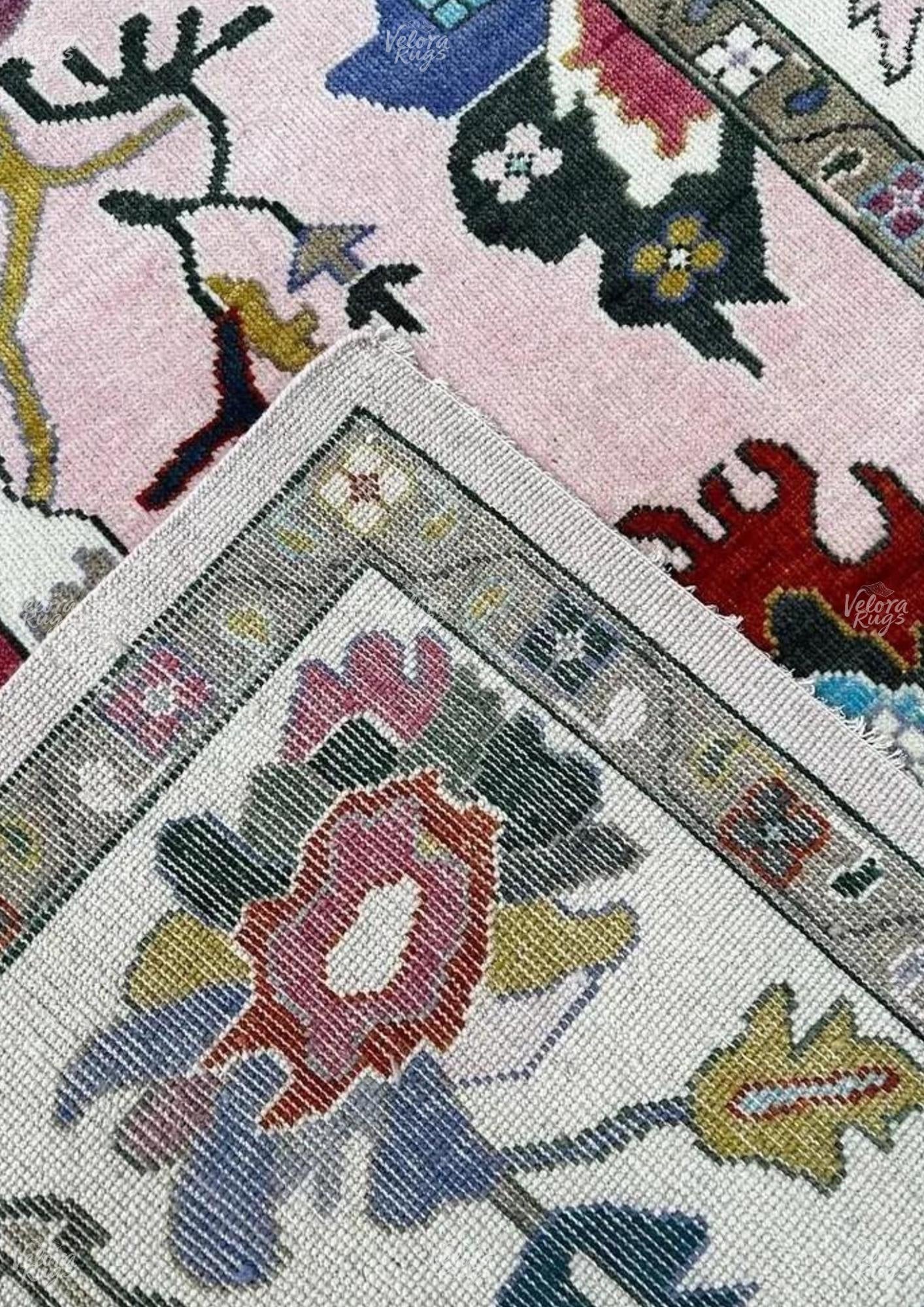 Pink Oushak Rug – Handmade Turkish Wool Area Rug, Modern Vintage Style with Ivory Accents