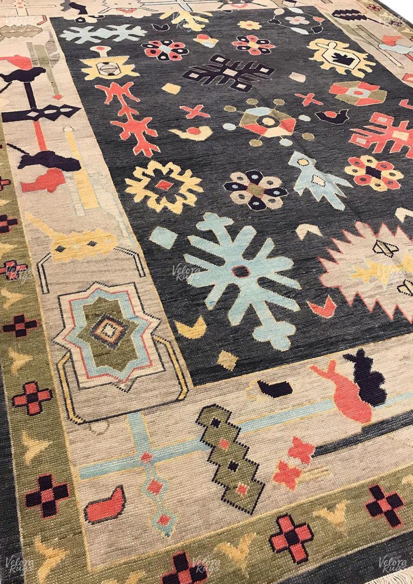 Hand Knotted Wool Oushak Rug: Beige & Black Tribal Carpet