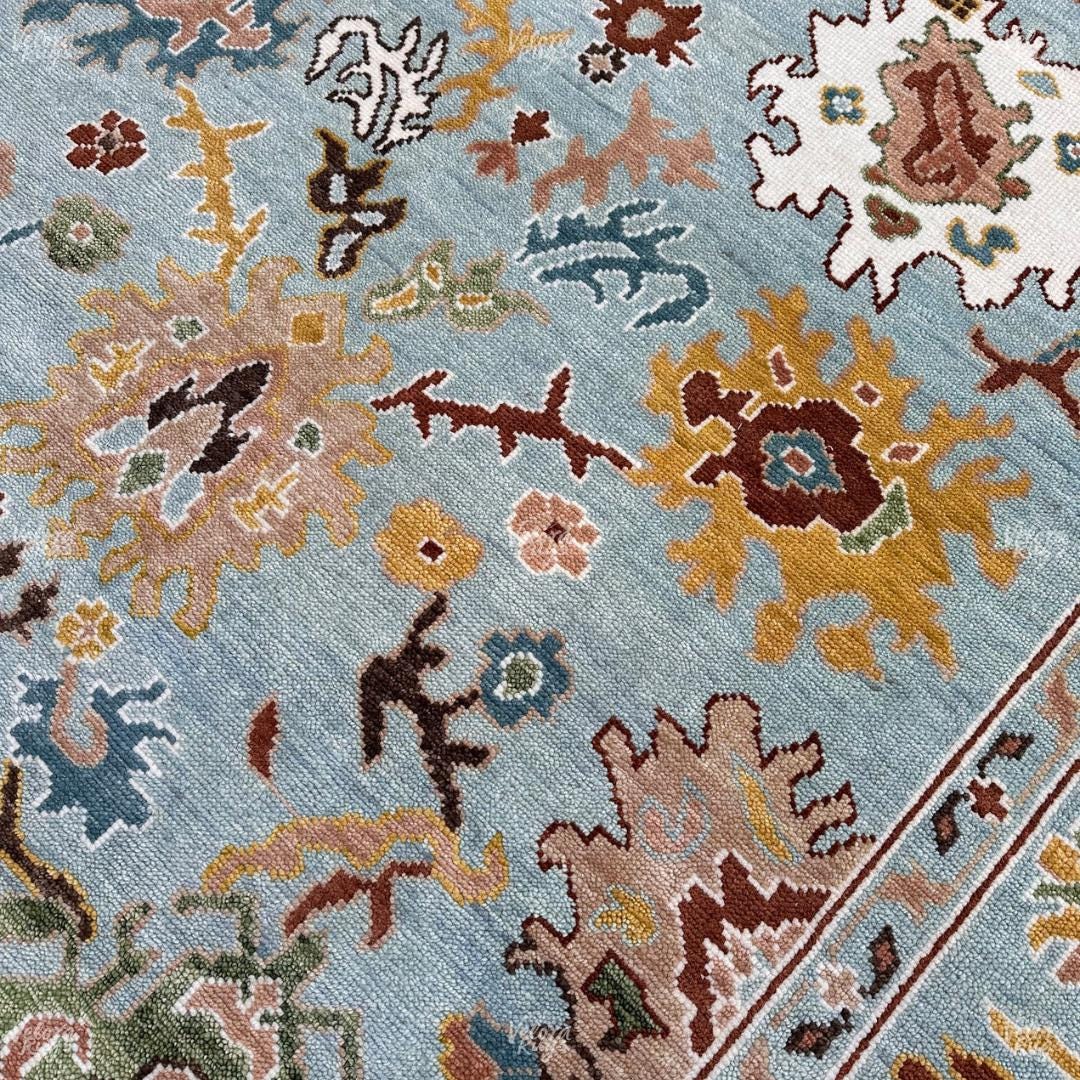 Hand-Knotted Oushak Wool Rug: Light Blue Floral Turkish Carpet 4x6, 5x8, 8x10, 9x12, 10x14 ft Modern Design Handmade Rug for Living Room