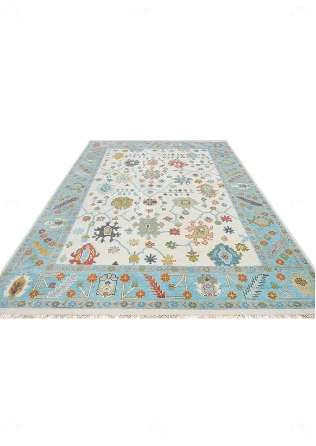 Hand-Knotted Oushak Wool Rug: Ivory, Sky Blue, and Rust Accent