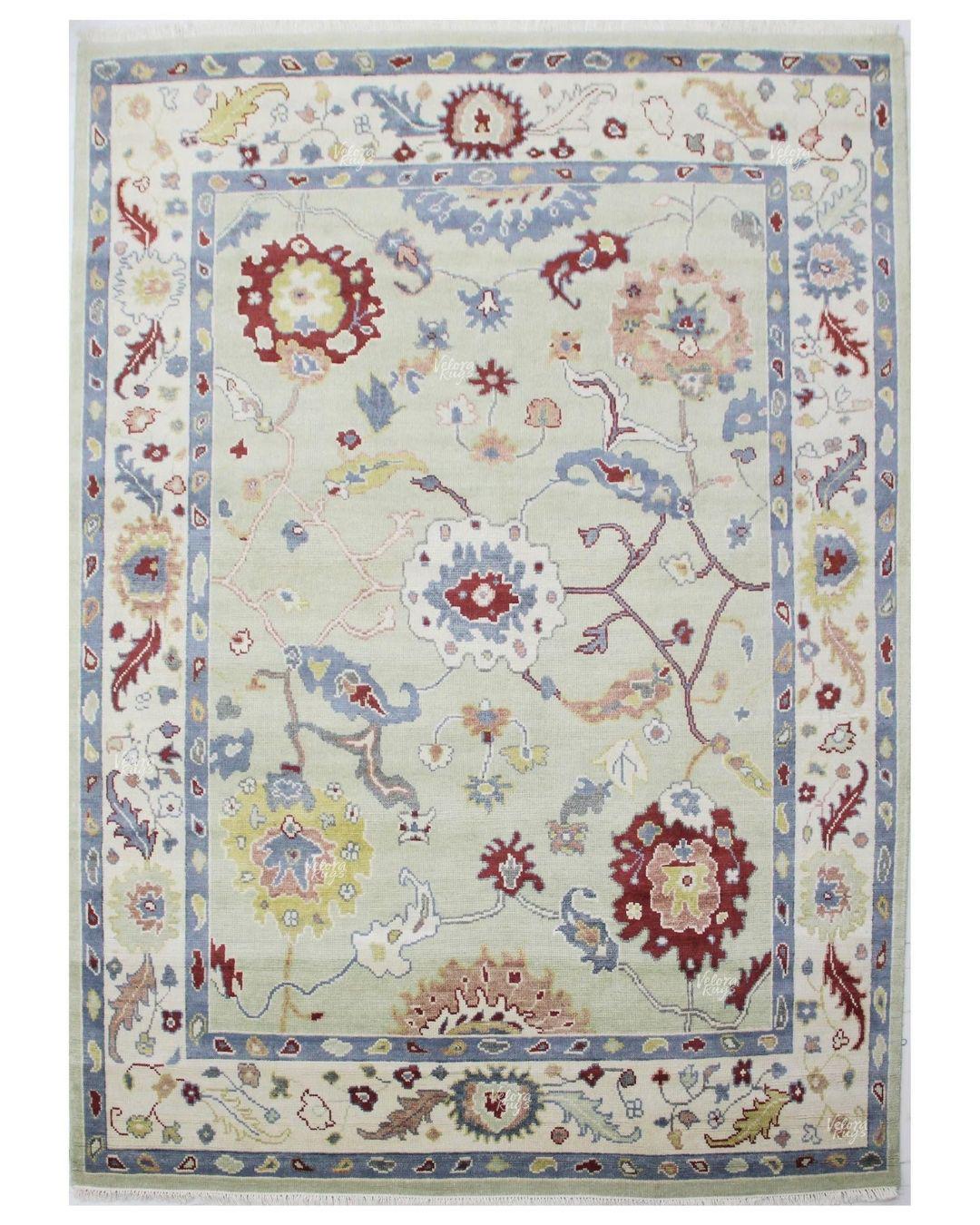Handmade Sage Green Indo Oushak Rug, Multicolor Wool Area Carpet 6x9, 8x10 – Antique Turkish Design Floral Motifs for Living Room & Bedroom