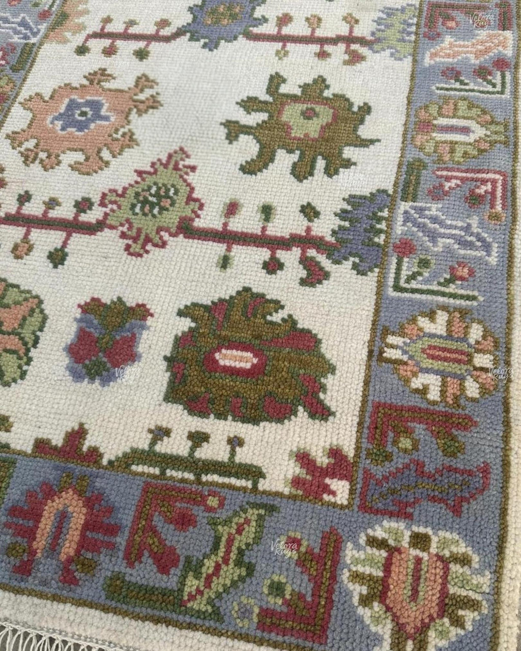 Handmade Oushak design Runner Rug - Cream - Blue color Contemporary Style Wool Runner Rug - Hallway Runner - Kitchen runner - Boho runner