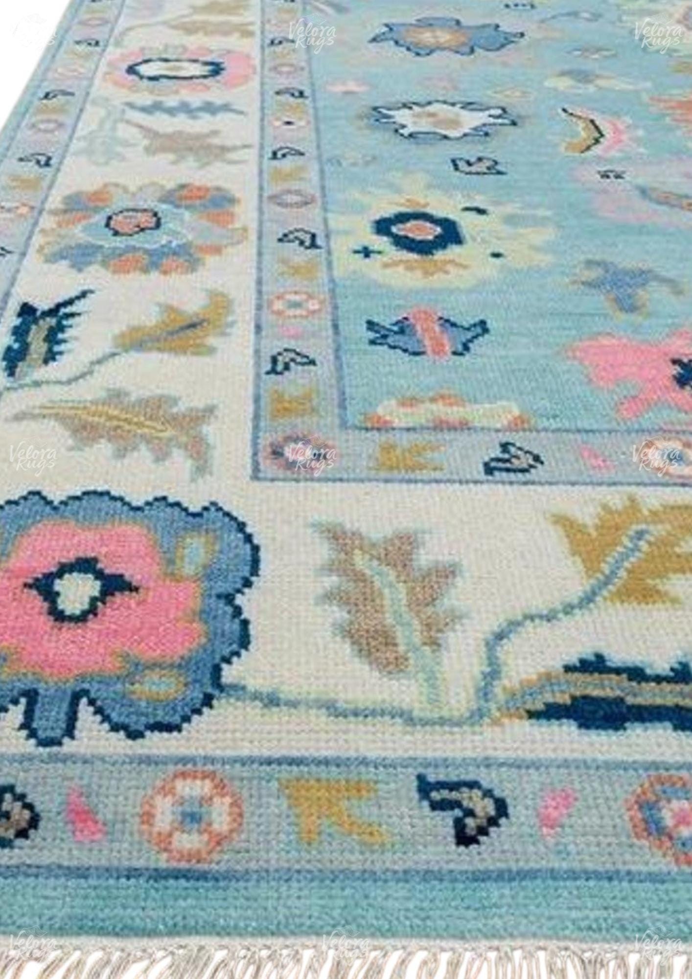 Elegant Hand Knotted Blue Oushak Rug - Antique-Style Contemporary Design, Available in 4x6, 5x8, 6x9, 8x10, 9x12, 10x14 ft | Living Room Rug